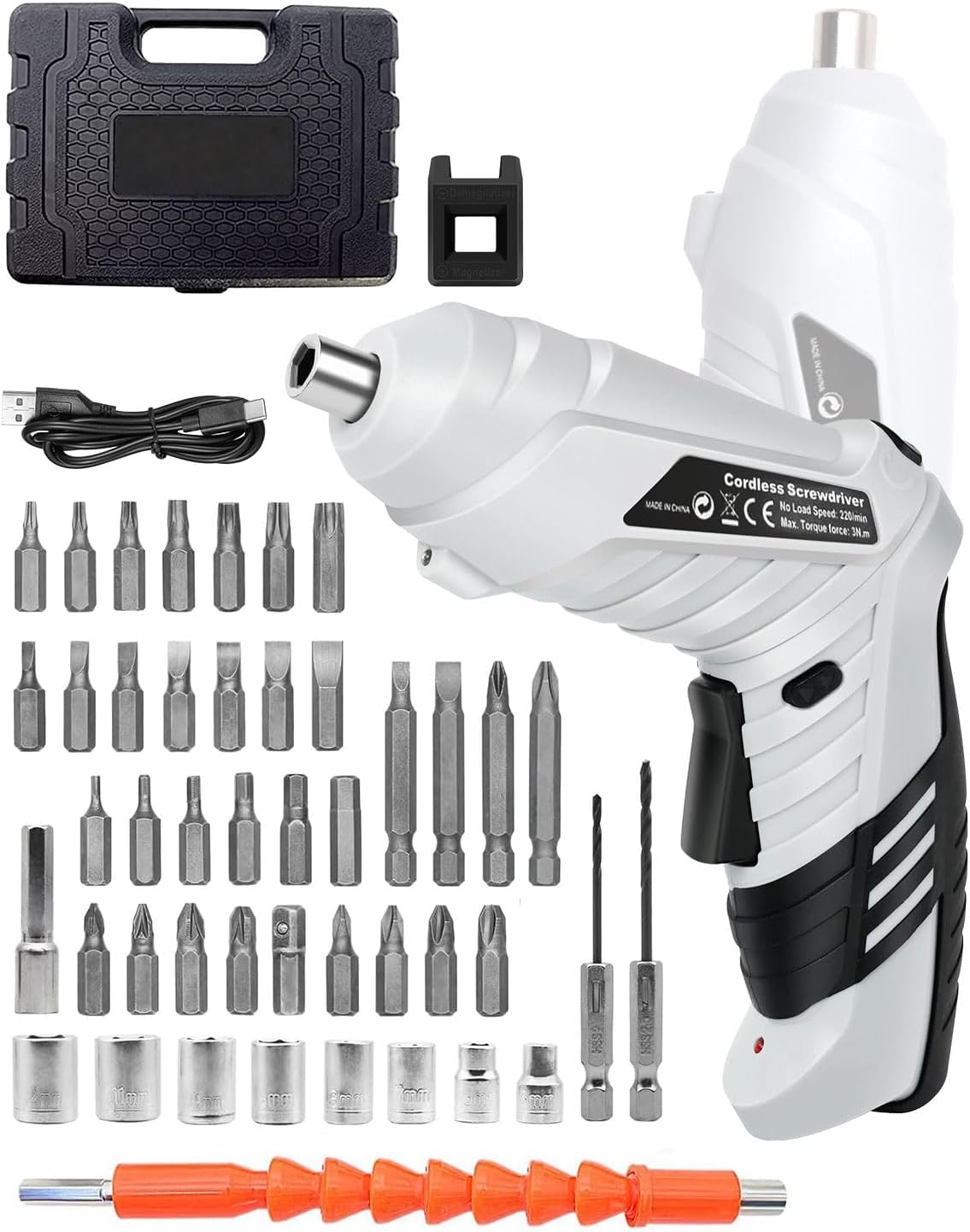 KALAHOL 49 Piece Electric Screwdrivers Cordless, 1300mAh Cordless Screwdriver Rechargeable, 3.6V Rotatable 90 Degrees Electric Screwdriver Set for Home DIY, White