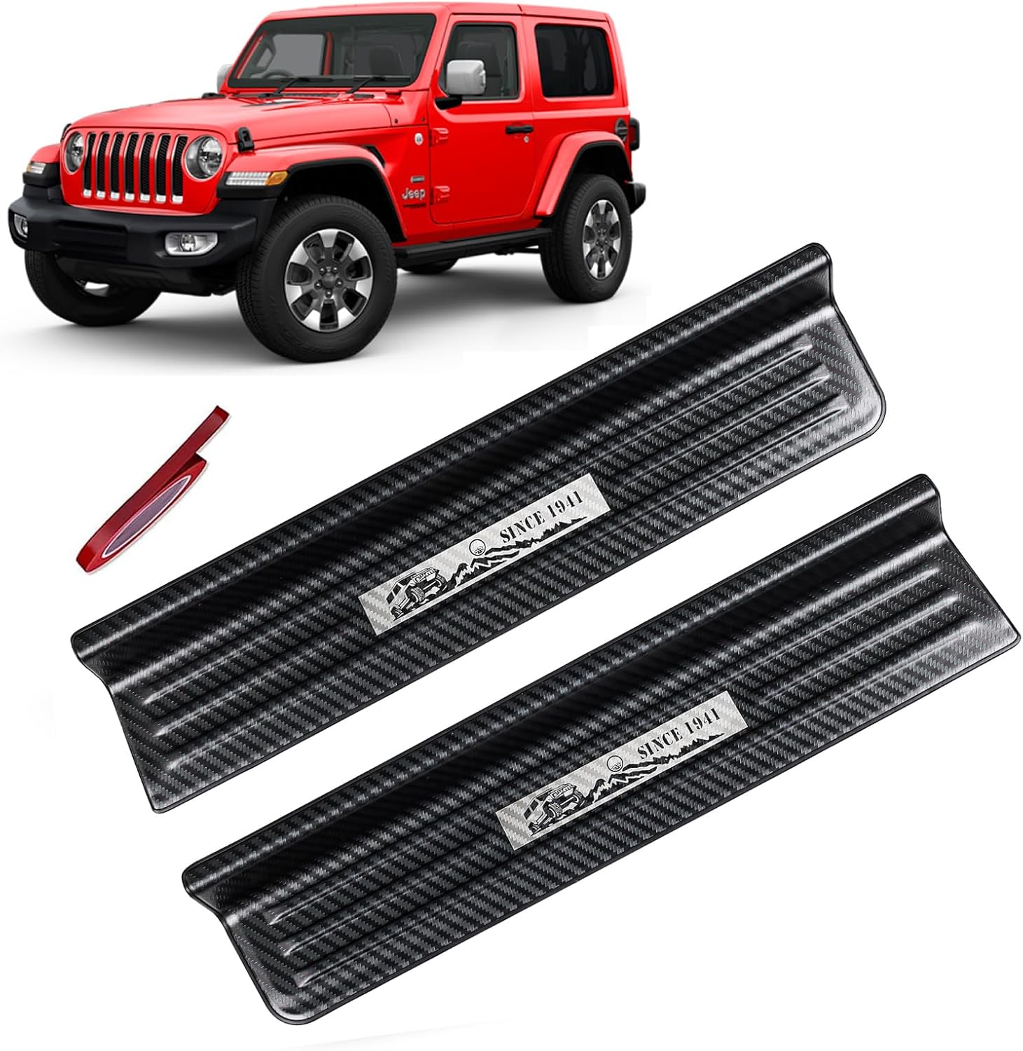 Rowa Door Sill Guards Compatible with Jeep 2018-2025 Wrangler JL JLU & 2020-2025 Gladiator JT, Carbon Fiber Pattern 304 Stainless Steel Door Entry Guard Full Coverage for Door Sill Protector (2- Door)