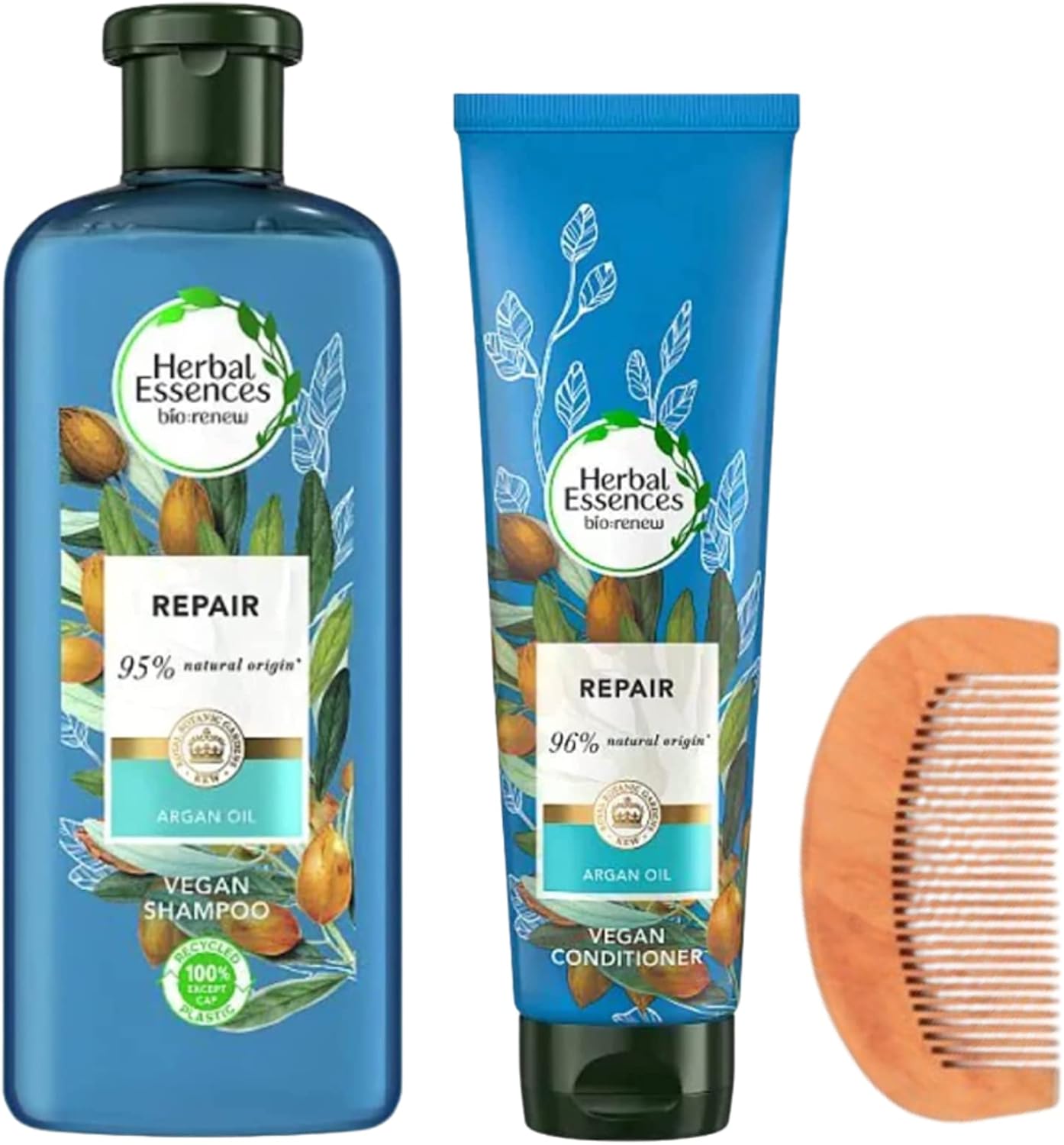 Moroccan Argan Oil Herbal Essences Shampoo Conditioner Set with 1x Argan Oil Shampoo 400ml, 1x Argan Oil Conditioner 275ml, 1x CHG Hair Comb - Dull Dry Damaged Women Hair Soft Shiny Smooth