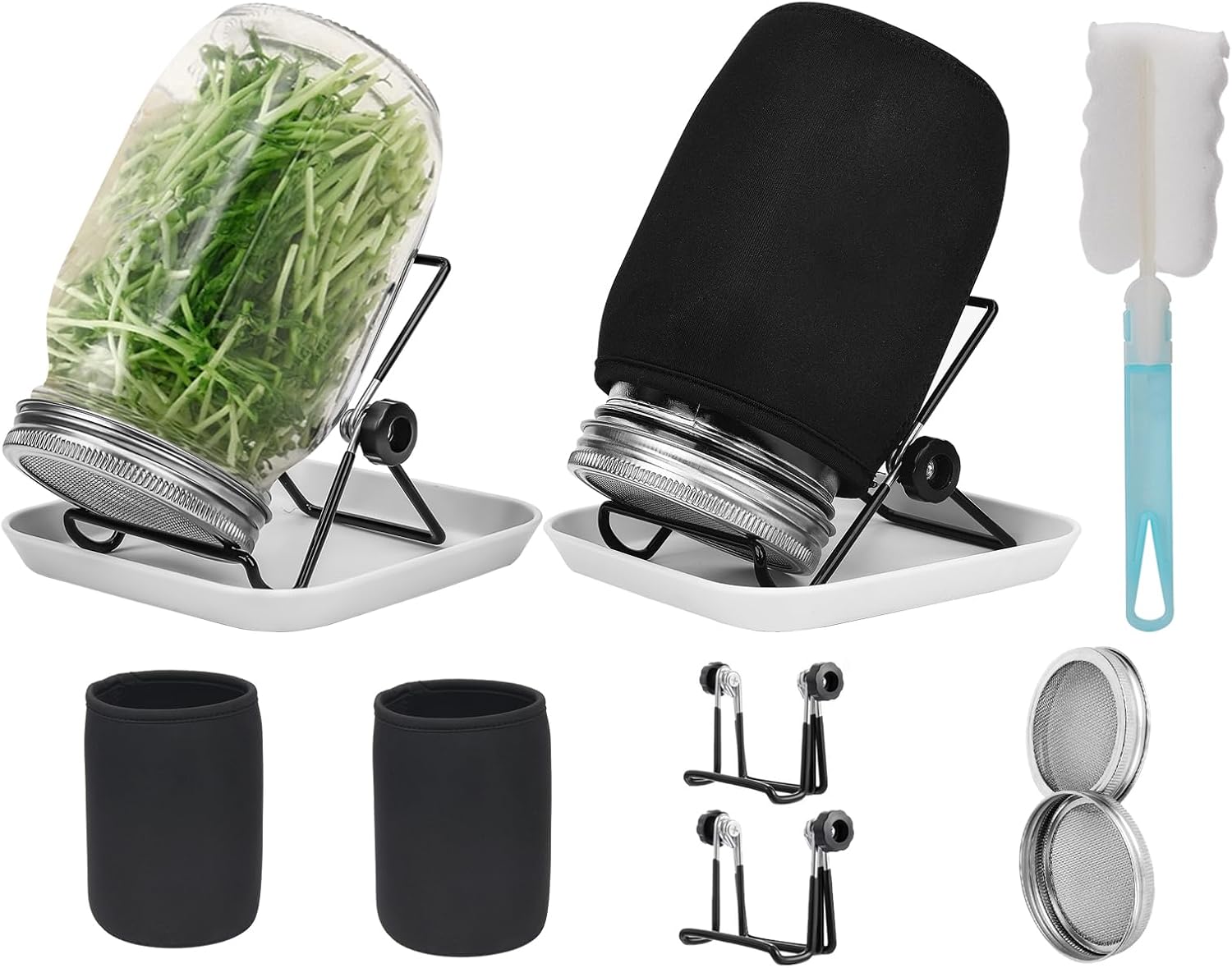 Seed Sprouting Jar Kit, 2pcs 1000ml Wide Mouth Quart Mason Jars with Stainless Steel Screen Sprout Lids,86mm Caliber,with Tray,Stand,Shading Cloth and Canning Brush,for Making Seeds Sprouts