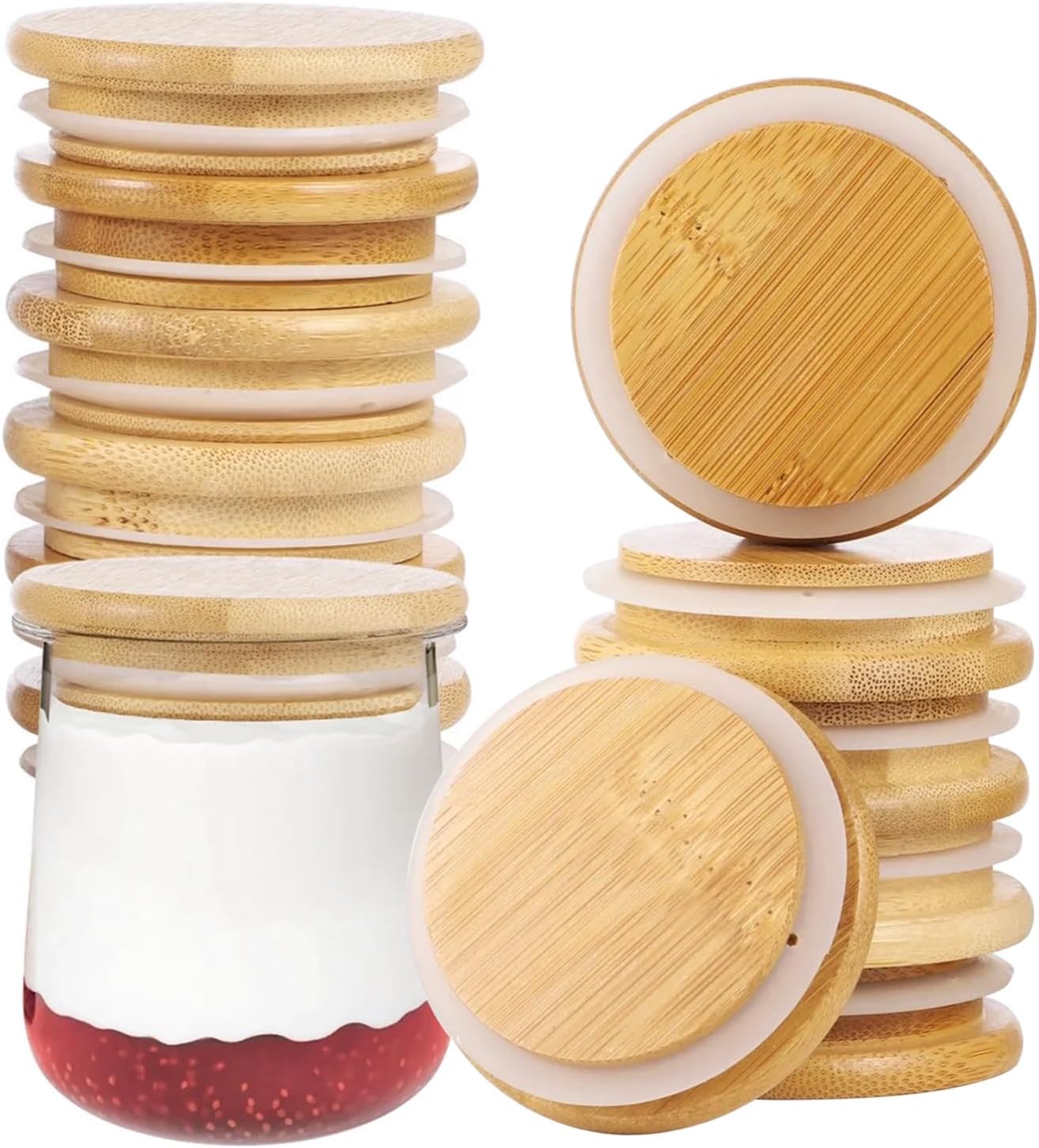 16Pcs Gu Pot Lids,Wooden Lid Compatible With Gu Puds Cheesecake Jars Reusable Lids For Gu Pot Jar Yoghurt (80 x 80 mm,Jars Not Included)