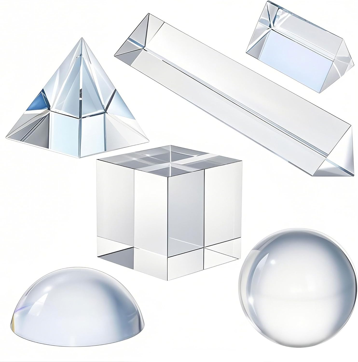 QFkris 6 Pack K9 Optical Crystal Photography Prism Set, Include 50mm Crystal Ball, Cube,Optical Pyramid, 50mm & 150mm Triangular Prism,60mm Dome Magnifying with Cloth for Teaching, Playing