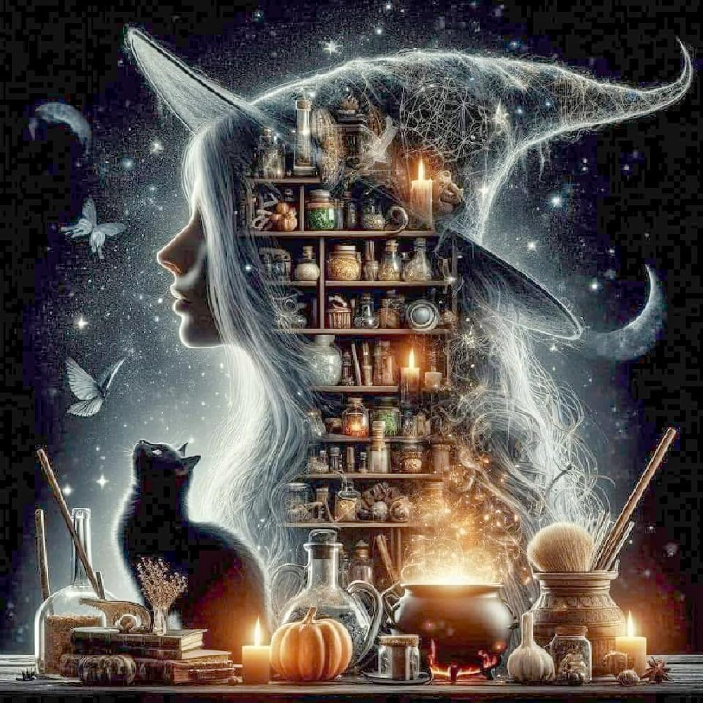 cdjlddww Retro Witch Diamond Painting Kits for Adults, Halloween Witch Diamond Art Kits for Adults, DIY Full Drill Diamond Dots Paintings Picture Arts Craft for Home Wall Art Decor 14X14Inch