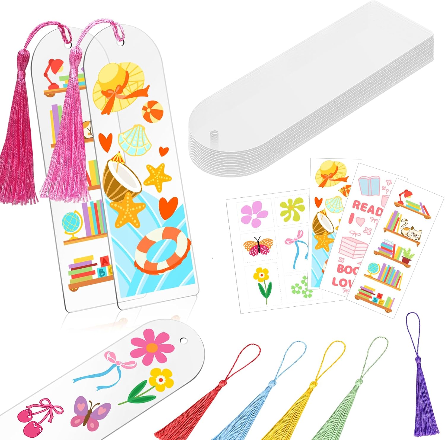30PCS Acrylic Bookmark Blanks with 30 Tassels & 4 UV DTF Stickers, DIY Bookmark Making Kit for Kids, Teachers, Crafters – Personalized Tags for Gifts, School Projects, Party Favors (Rounded Top)