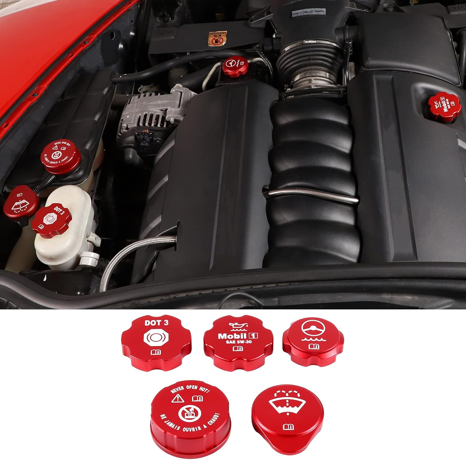 PIUGILH Car Engine Oil Cap Radiator Cap Brake Fluid Cap Cover Fit for C6 Corvette 2005-2013 Accessories, Aluminum Alloy Car Engine Bay Cap Cover Kit Protection Cover Trim, 5Pcs