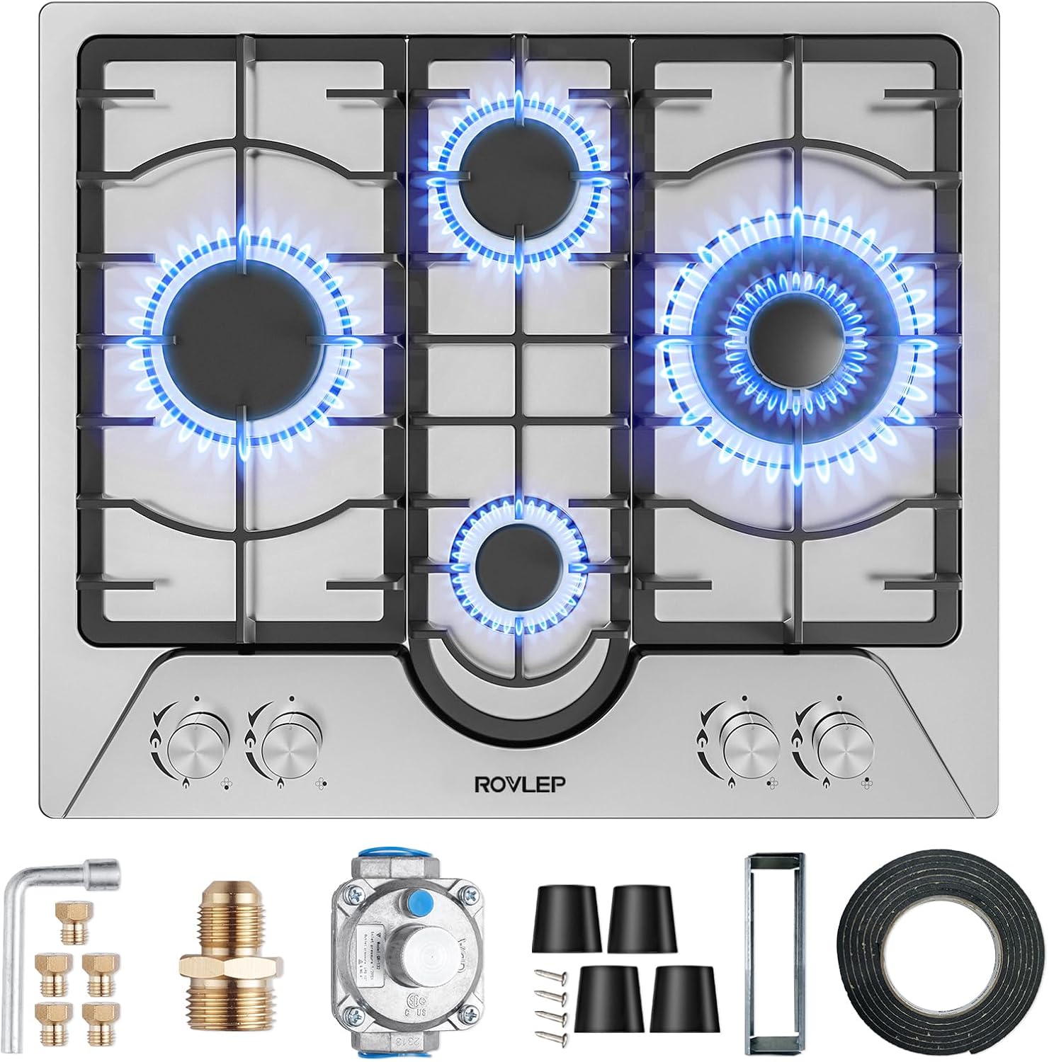 Gas Cooktop 24 Inch ROVLEP, Gas Stove Top Built-in 4 Burners Stainless Steel Total 31,600 BTU, 24 Inch NG/LPG Convertible Propane Cooktops Dual Fuel, RV Stove Top with Thermocouple Protect