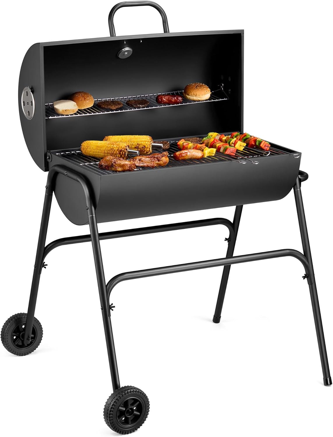 VonHaus Charcoal BBQ – Portable Barrel Barbecue with Warming Rack, Temperature Gauge, Wheels, Large Cooking Grill, Air Vents – 2 in 1 Barbeque and Smoker – Grill Meat, Fish & Vegetables