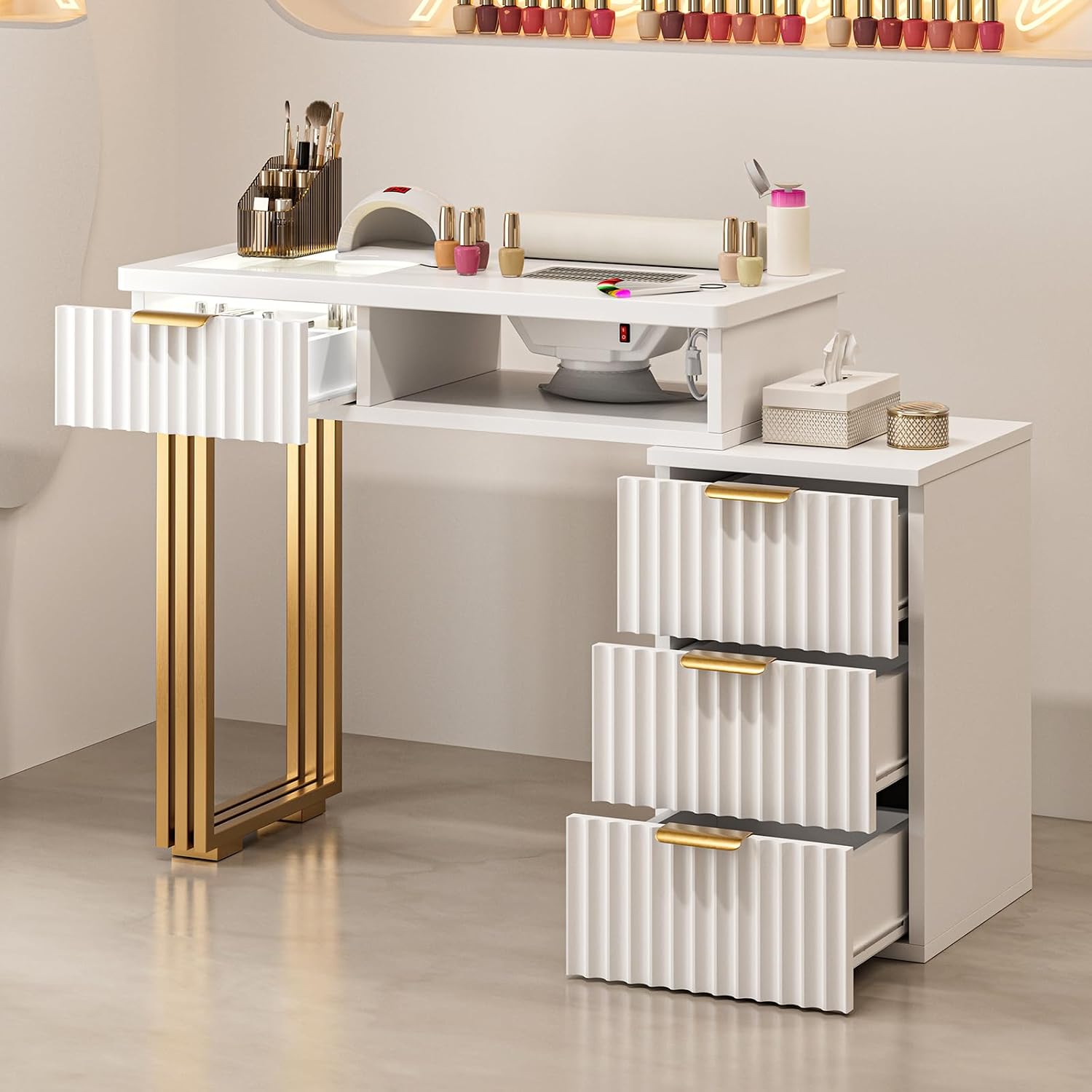 Manicure Table for Nail Tech, Nail Desk Station with Dust Collector & LED Lights, Acetone Resistant Beauty Salon Workstation w/4 Drawers, Golden Leg (White)