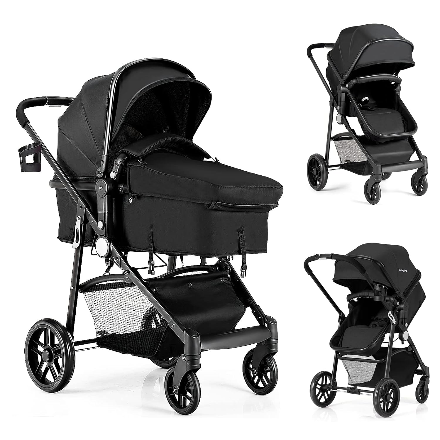 BABY JOY Baby Stroller, 2 in 1 Convertible Carriage Bassinet to Stroller, Pushchair with Foot Cover, Cup Holder, Large Storage Space, Wheels Suspension, 5-Point Harness (Black)