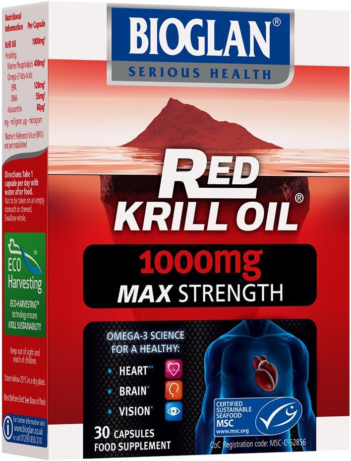 Bioglan Red Krill Oil Max Strength 1000 mg, high in Omega-3 Fish Oil, EPA & DHA help to support your Heart, Eye and Brain health, one month supply – 30 capsules