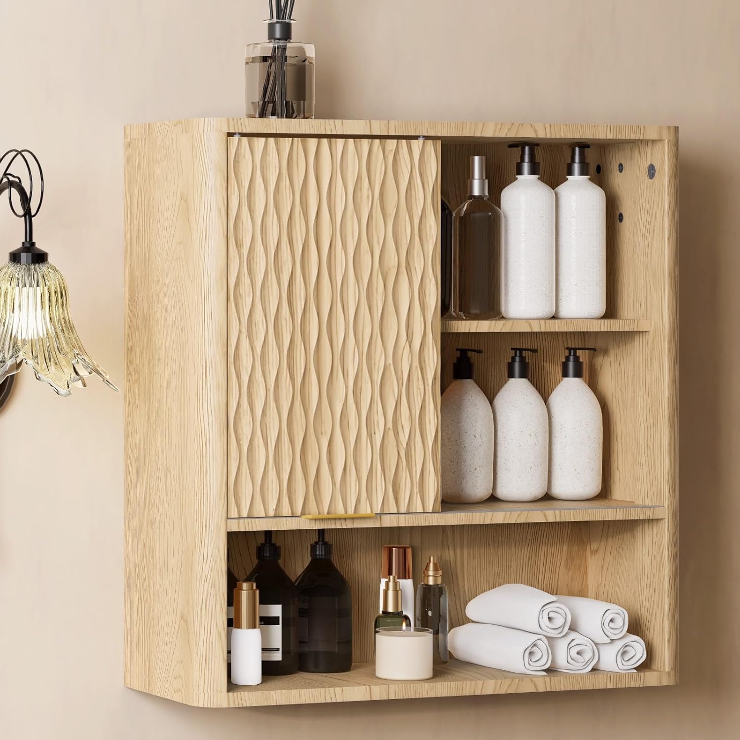 Cooday Diamond Texture Bathroom Wall Cabinet, Wall Mounted Storage Organizer with Fluted Sliding Door, Natural Oak Color, Bathroom Wall Cabinet for Kitchen, Living Room