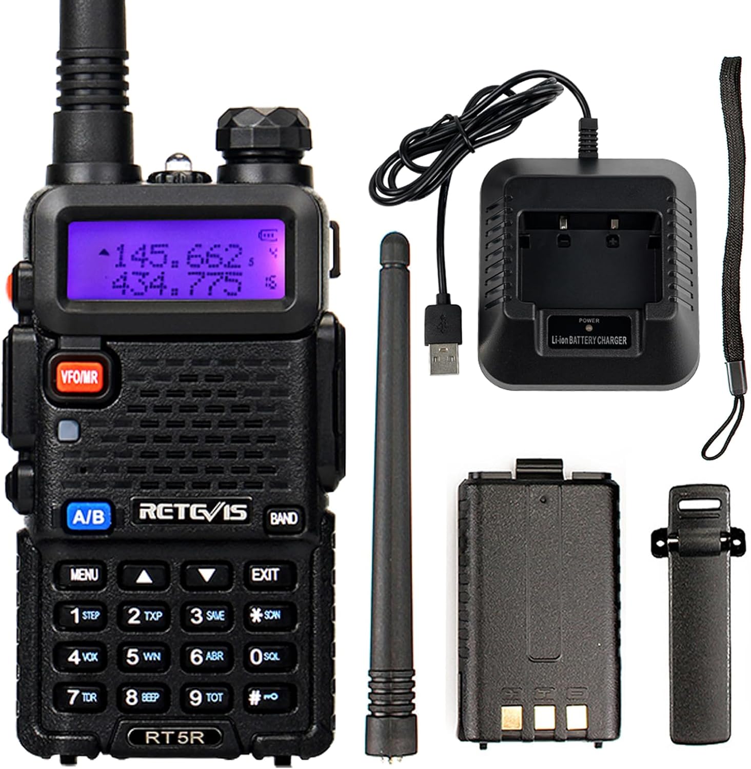 Retevis RT5R Ham Radio, Dual Band Long Range Radio Communication with FM, 128 Channels, Tri-color Display USB Rechargeable Walkie Talkies, for Outdoor, Hunting (Black, 1Pcs)