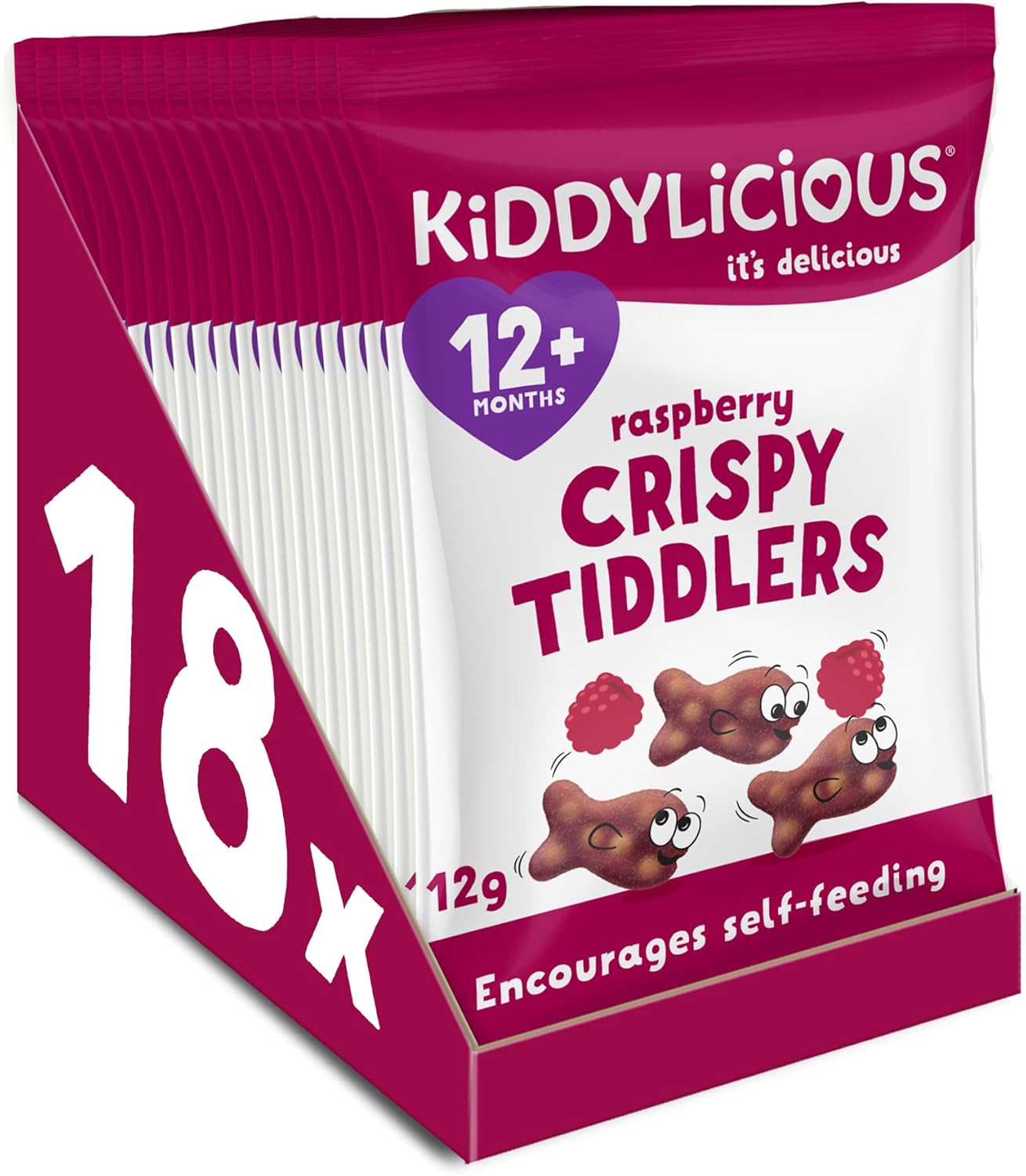 Kiddylicious Raspberry Crispy Tiddlers - Delicious Real Fruit Treat for Kids - Suitable for 12+ Months - 18 Packs