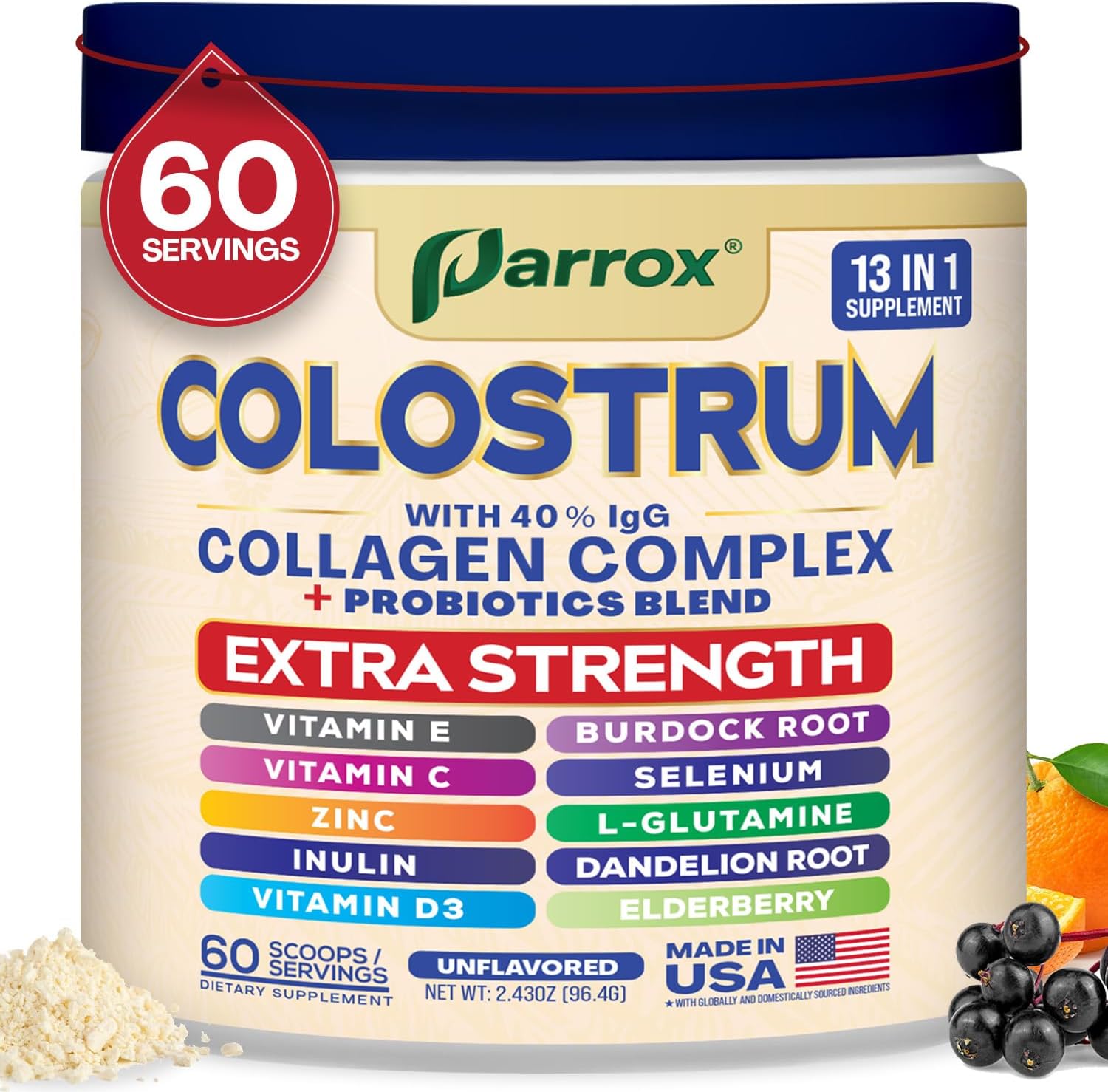Colostrum Powder with 40% IgG, Collagen, Probiotics, Burdock Root, L-Glutamine, Elderberry, Vitamin C, Vitamin E, Vitamin D3, Inulin, Selenium, Dandelion Root, Zinc, 60 Servings (Unflavored)