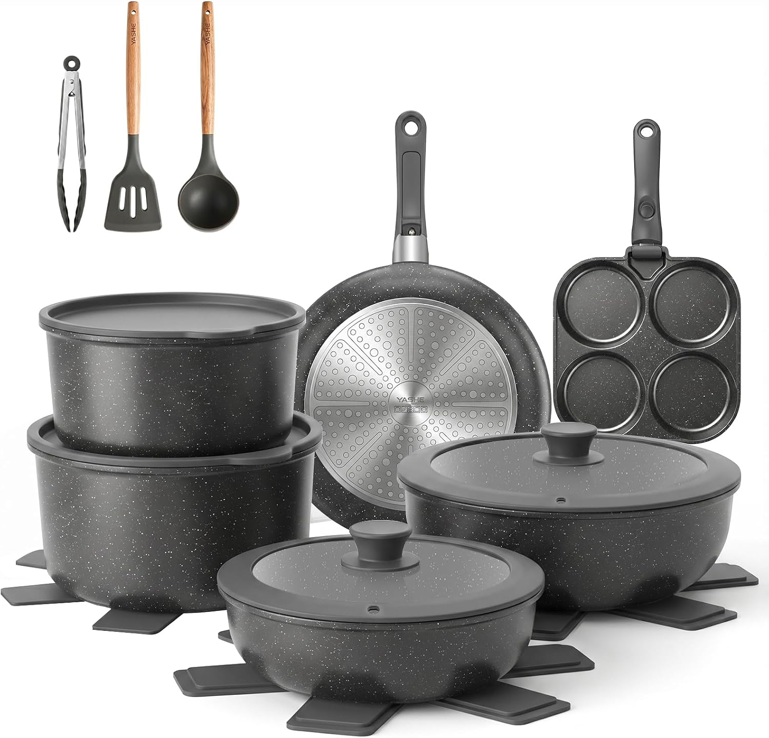YASHE 20Pcs Nonstick Cookware Set with Detachable Handles, Oven Safe