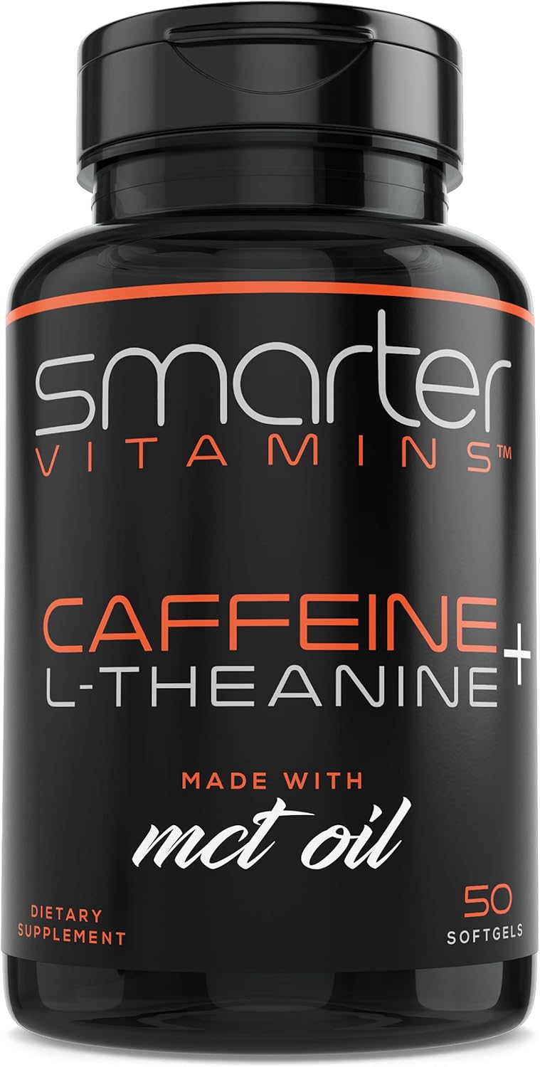 SmarterVitamins 200mg Caffeine Pills - MCT Oil from 100% Coconuts + 100mg L-Theanine, Energy and Focus, Extended Release Capsule, 50 Liquid Softgels