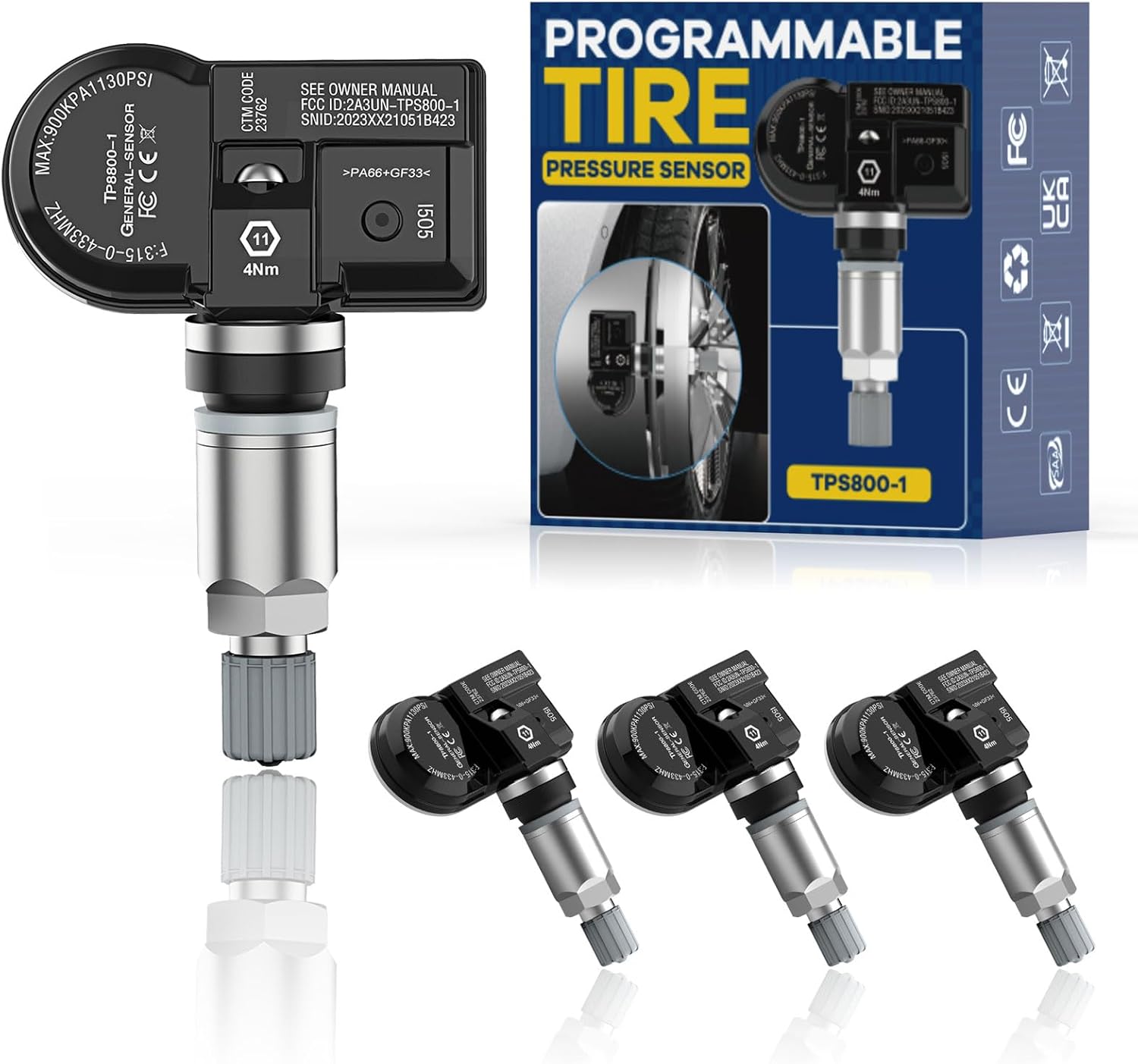 TPS800-1 TPMS Sensor (315 MHz + 433 MHz) 2 in 1 Dual Frequency Metal Tire Pressure Monitor System Sensor, OE-Level, Unlimited Times Program Just with XTP-SP820 TPMS Tool to Use, 4 Pcs