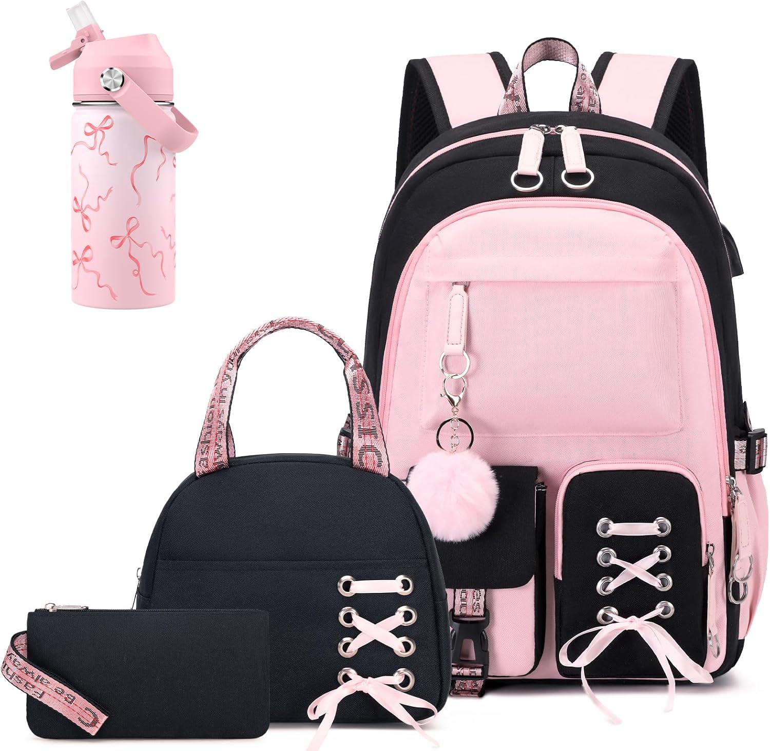 ACESAK Kids School Backpack for Girls, 4-In-1 Bookbag Backpack Set with 14OZ Insulated Kids Water Bottle, Lunch Bag Set for Girls Kid Teens Middle School Student, Girl Backpacks for Schools