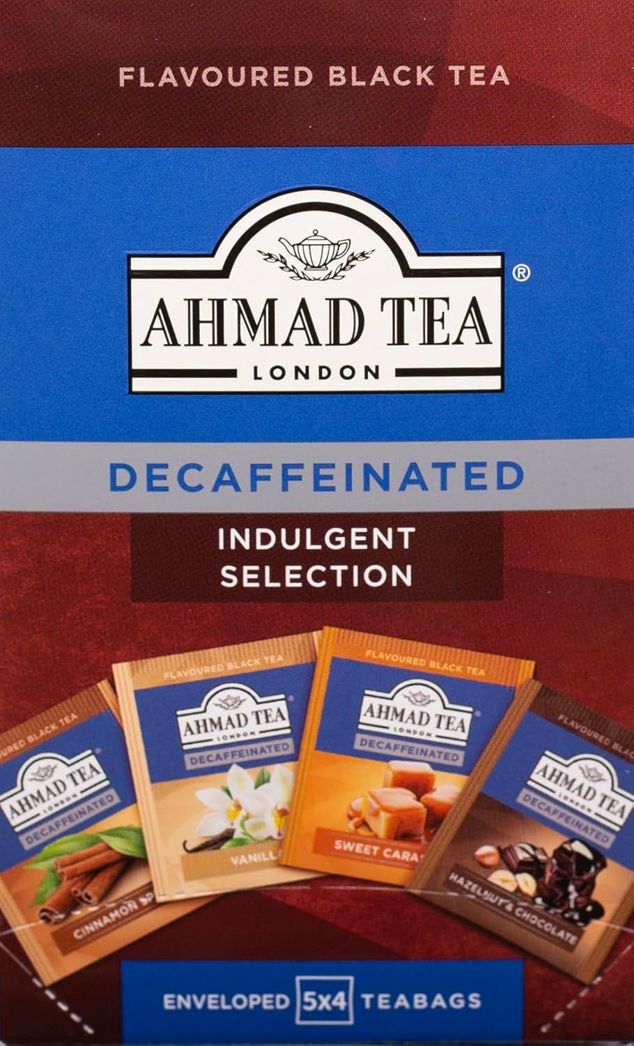Ahmad Tea Black Tea | Decaffeinated Indulgent Selection | Vanilla, Sweet Caramel, Chocolate & Hazelnut, Cinnamon Spice | 20 Teabag Sachets | 1 Pack