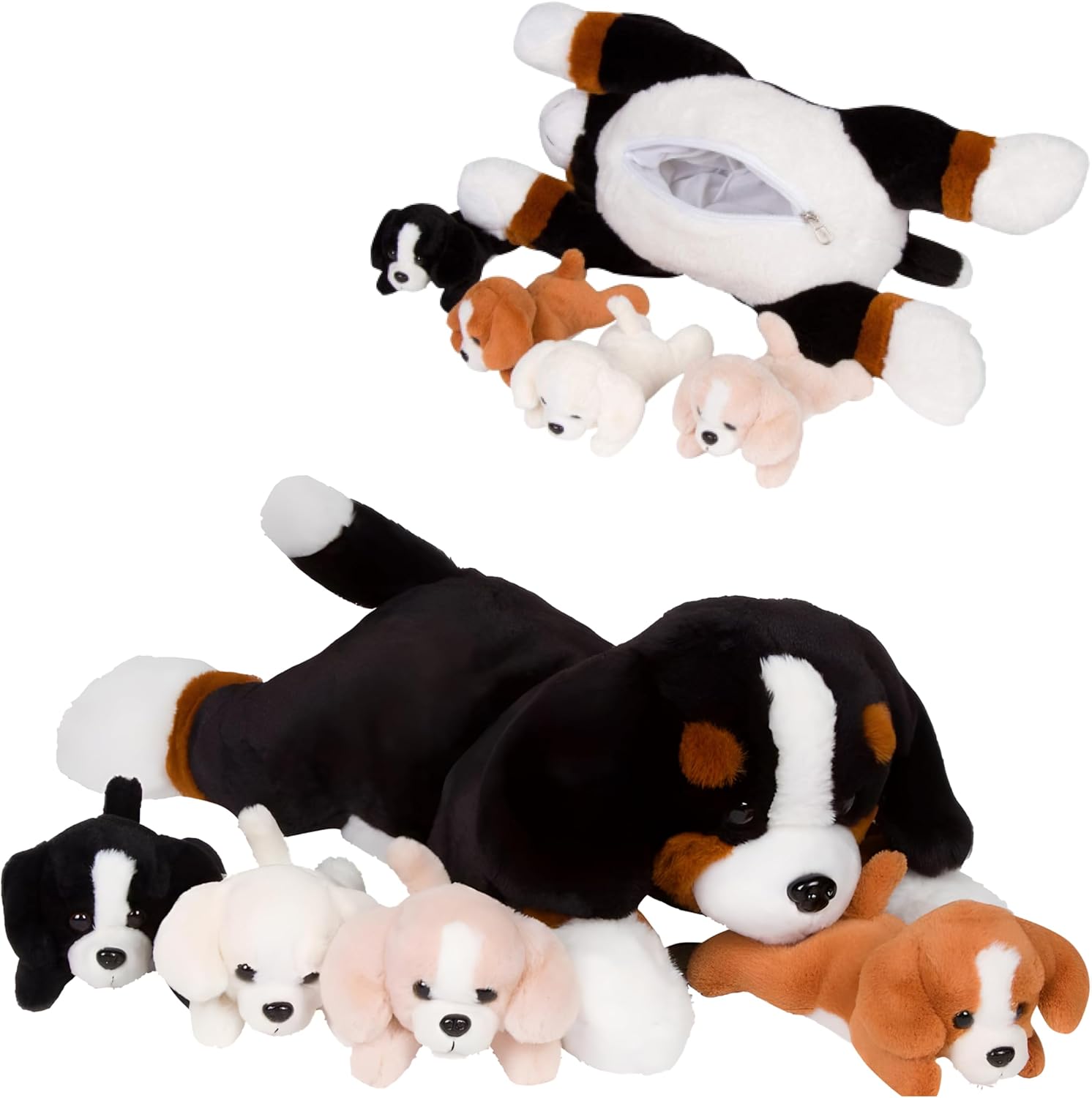 PixieCrush Dog Soft Toys Set of 5 with stuffed dog and 4 puppies, Bernese dog plush with zippered belly that fits her puppy plushies, Ideal girls birthday presents