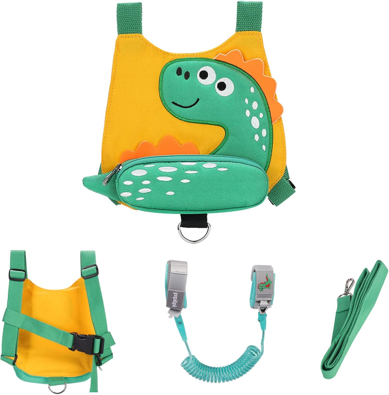 Baby Walking Harness Backpack with 2M Wrist Reins, Cartoon Anti-Lost Leash Backpack with Child Safety Wristband, Mini Safety Backpacks for 1-3 Years Toddler Little Kids Boys Girls, Green Dinosaur