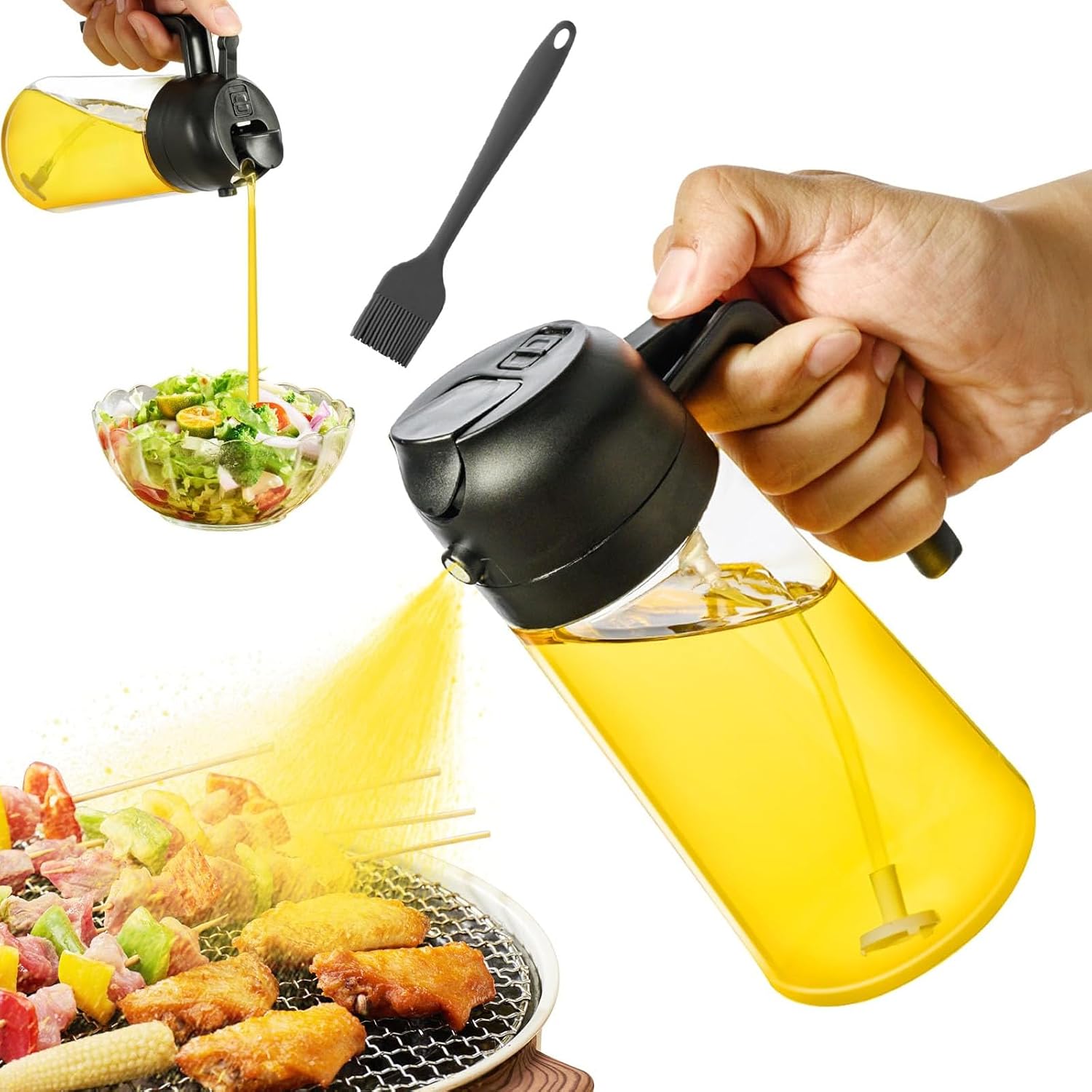 MARUKO 2 In 1 Oil Dispenser and Sprayer, 470ml/16.5oz Oil Spray Bottle, Oil Sprayer for Cooking, Olive Oil Dispenser Bottle with Silicone Brush for Kitchen, Salad, Frying, BBQ (Black)