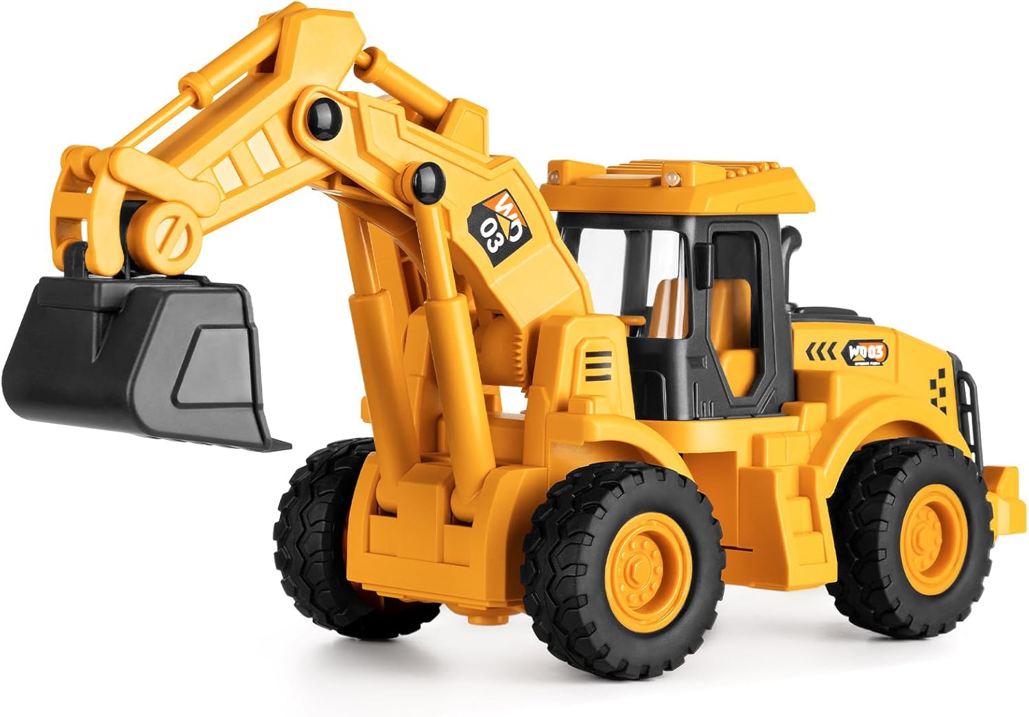 11" Excavator Toy, 1: 16 Scale, Rolling Wheels Inertia-Powered, Heavy‑Duty Plastic, with Lights & Rumbling Action, Working Boom & Bucket, Indoor/Outdoor Sandbox Vehicle for Ages 3 +