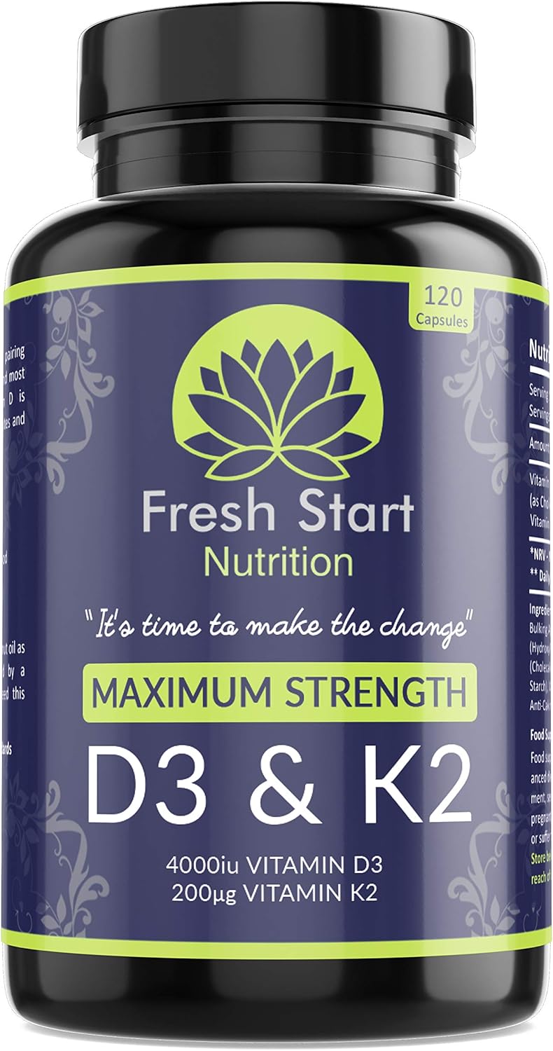 Vitamin D3 4000 IU and Vitamin K2 200µg MK7 - Vitamin D3 K2 High Strength Supplement - 120 Capsules 4 Month Supply Cholecalciferol - K2 Menaquinone-7 - Made in The UK