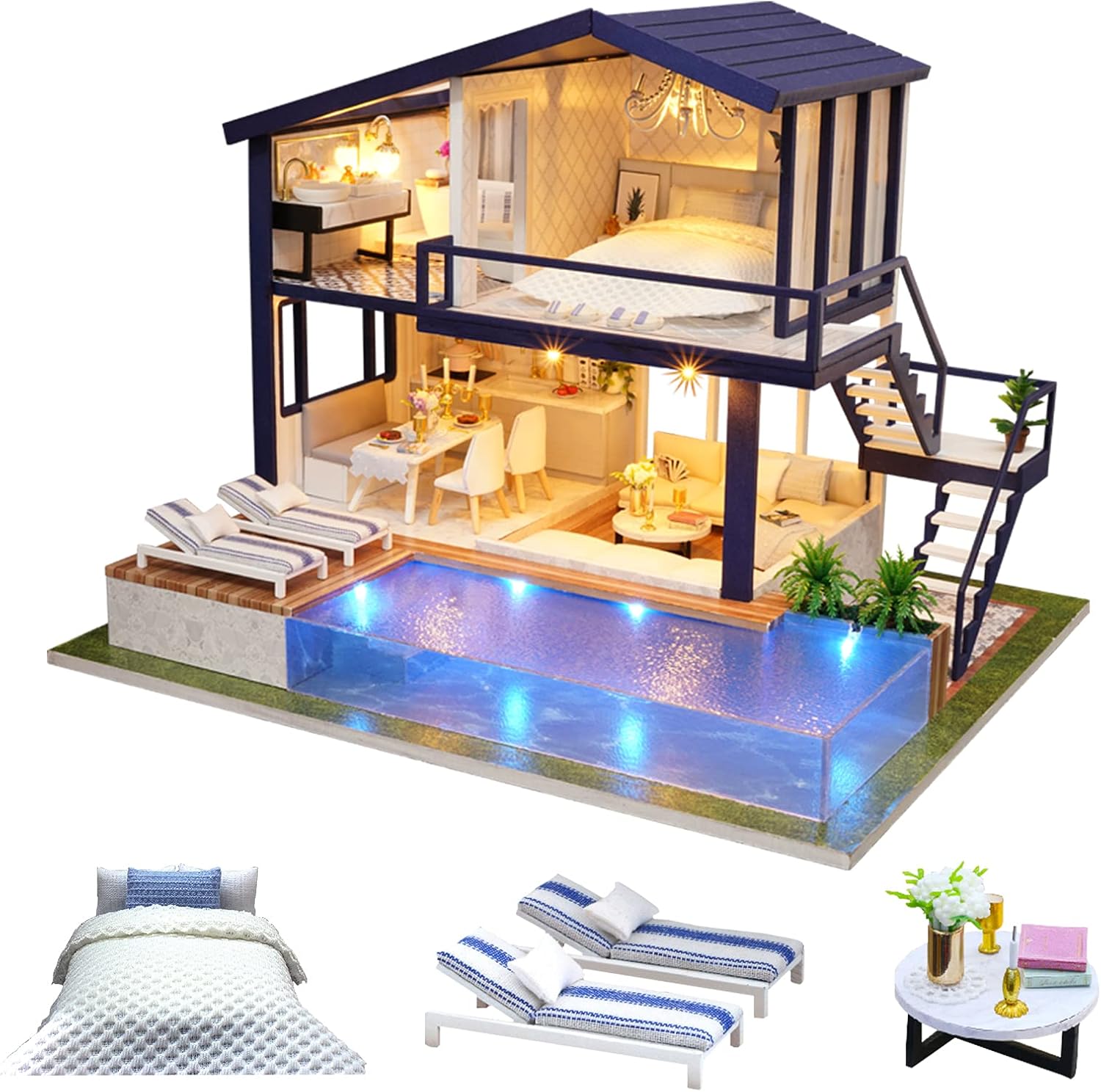 Cuteroom DIY Wooden Dolls House Handcraft Miniature Kit Model & Furniture-Time Apartment With Swimming Pool