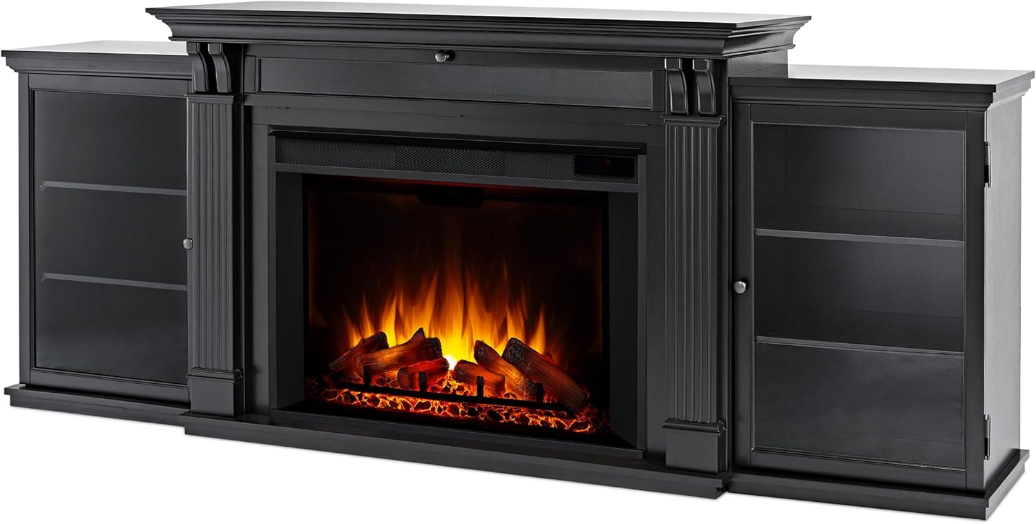 Real Flame Tracey 84" Grand TV Stand with Electric Fireplace in Black, Extra Large Entertainment Center with Electric Fireplace, Living Room TV Stand with Fireplace, fits up to 80" TV