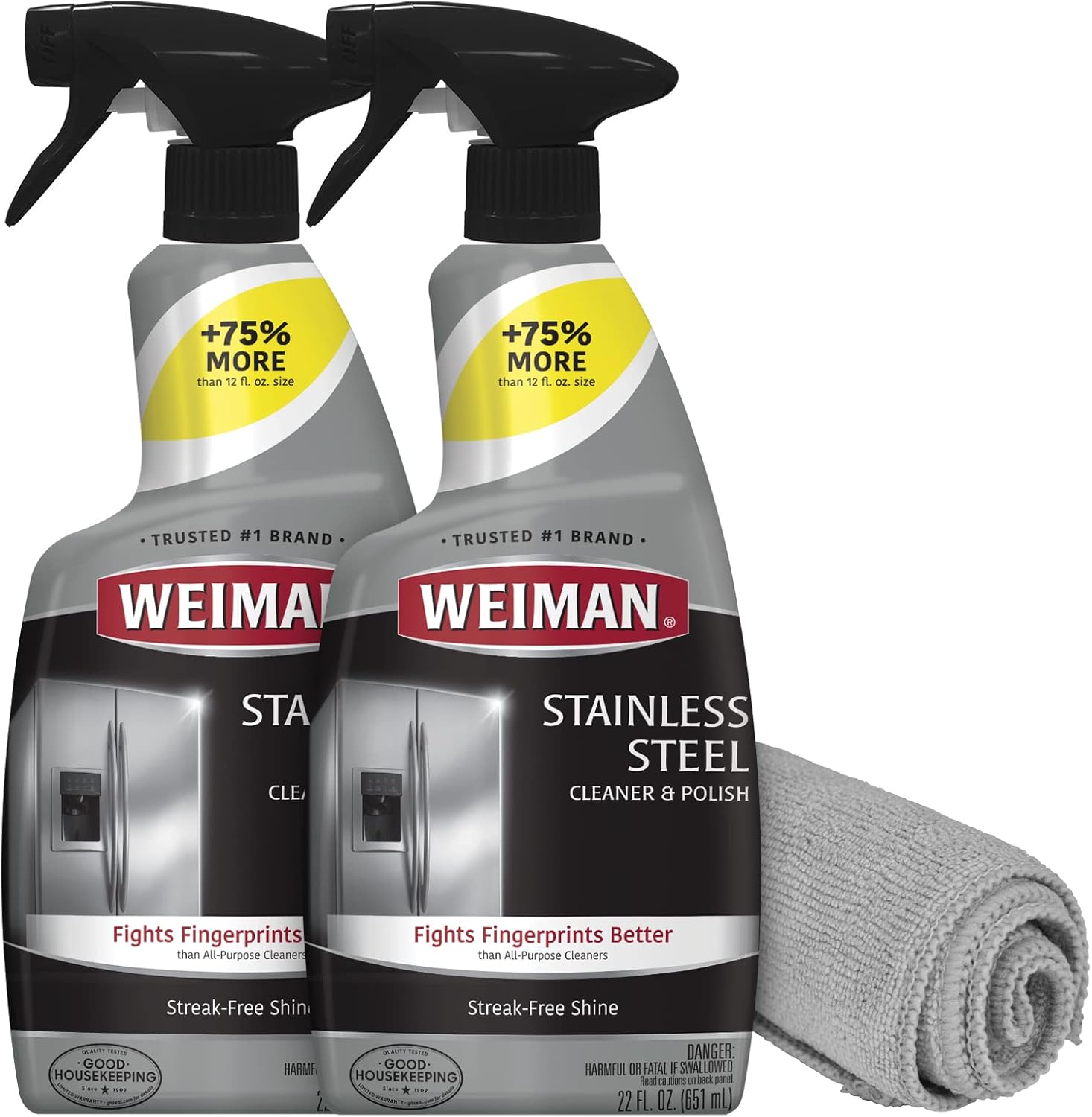 Weiman Stainless Steel Cleaner and Polish - Protects Appliances from Fingerprints, Leaves a Streak-Free Shine for Refrigerator, Dishwasher, Oven, Grill, 2 Pack With Microfiber Cloth