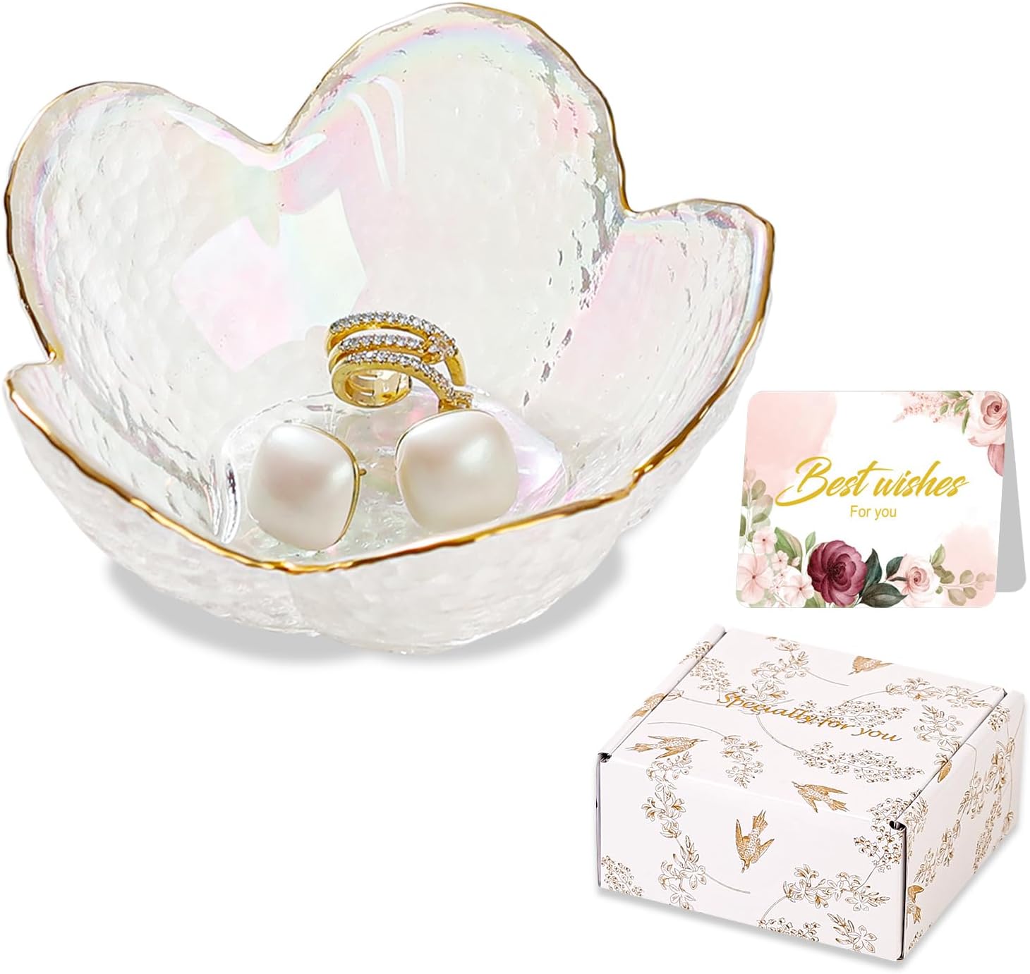 White Flower Jewelry Dish Glass Ring Dish Jewelry Tray Cute Vanity Organiser Room Decor Aesthetic Nightstand Bathroom Decor Trinket Dish Ring Holder Jewellery Tray Valentine's Birthday Gifts for Women