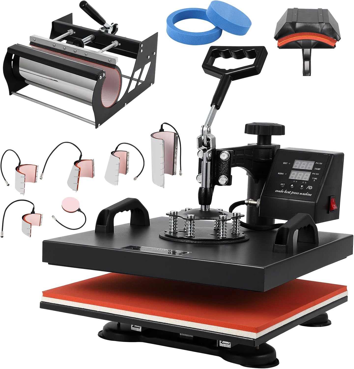 Pro 15x15 Heat Press Machine, 30OZ Tumbler Attachment, 9in1 Combo Tumbler Heat Press for T-Shirts, Sublimation Tumblers Glass Cans Mugs Hats, and Plates Black Red