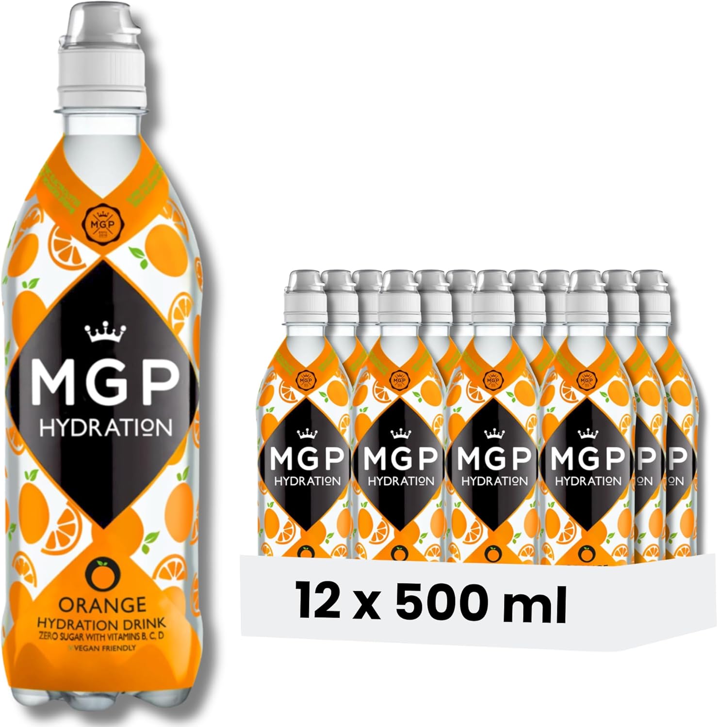 MGP Sugar Free Hydration Drink With Vitamins, 12 x 500ml Multipack, Sports Recovery Electrolytes, Low Carbs, Fat & Gluten Free, Vegan Friendly, Vitamin C, B3, B5, B1, B6, B12, D3 Supplement, Orange
