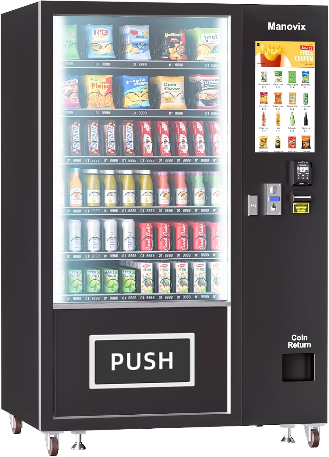 Manovix Snack and Cold Beverages Combo Vending Machine 21 Inch Credit Card Reader and Coin/Bill Acceptor, 60 Slots/Refrigerated with Touch Screen