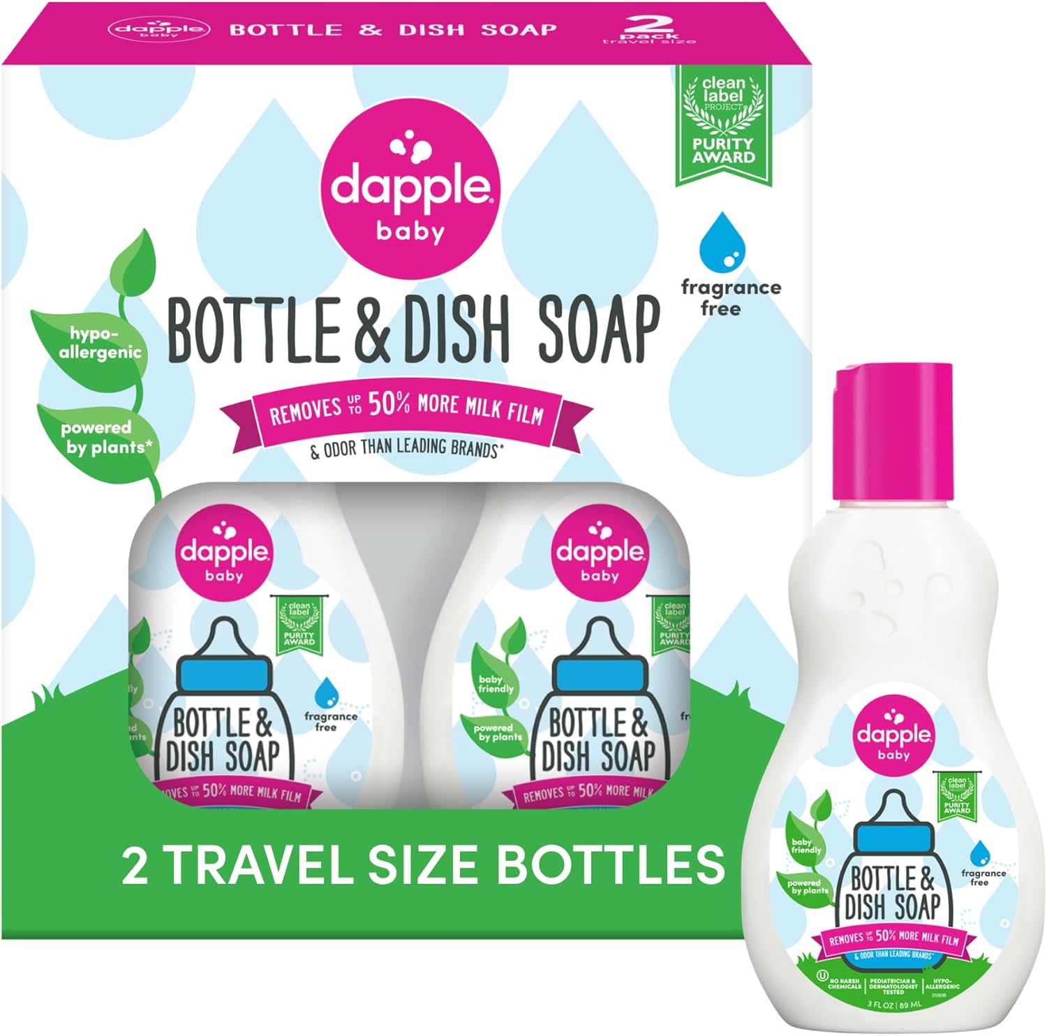 Dapple Baby Bottle Soap, Hypoallergenic Dish Soap for Baby Bottles, Powered by Plants, Travel Size, Fragrance Free, 3 Fl Oz (Pack of 2)