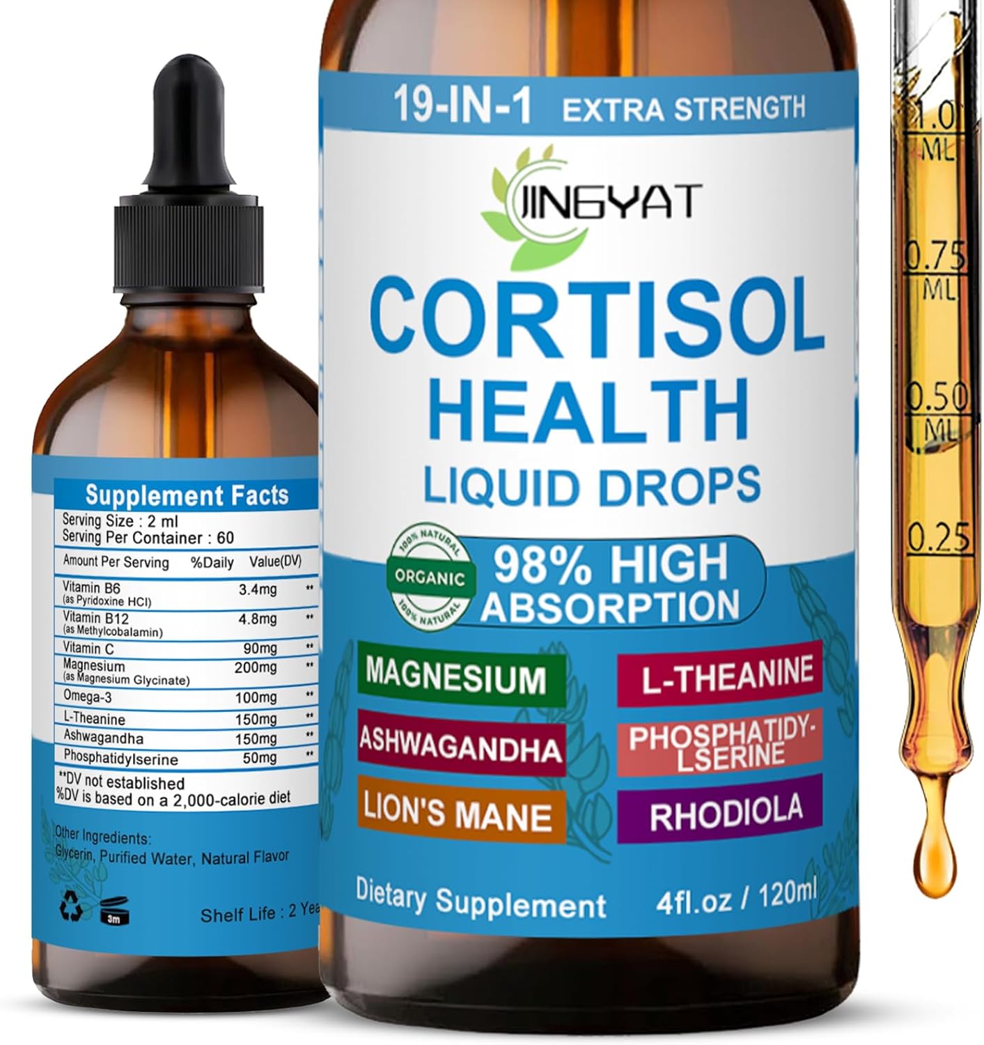 Cortisol Supplements for Women - Cortisol Support Liquid Drops for Hormone Balance,Mood,Focus - Liquid Cortisol Health w/Magnesium,L-Theanine,Ashwagandha,Omega-3 - Non-GMO,2 Month Supply