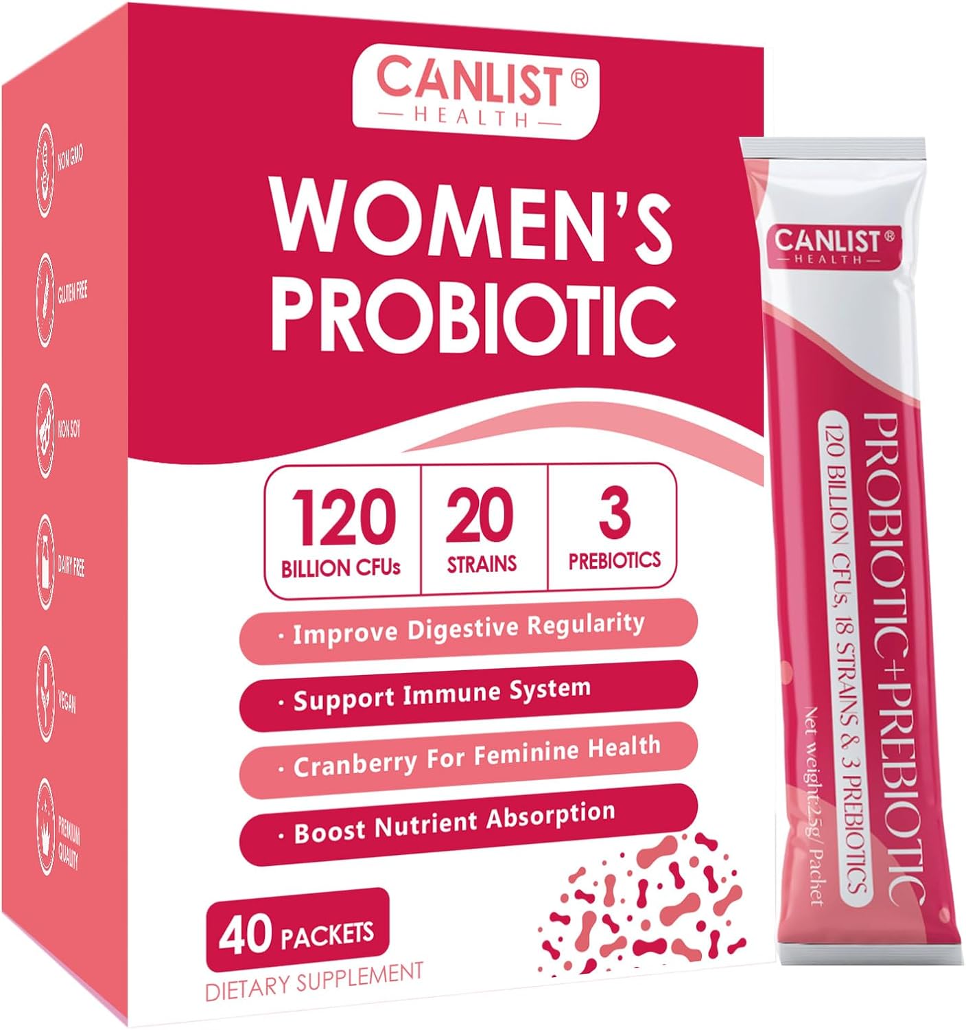 Women's Probiotic Powder - 120 Billion CFUs, 20 Strains, Cranberry Extract & 3 Prebiotics, Help for Immune Booster, Digestive Health, Vaginal & Urinary Health, 40 Packets