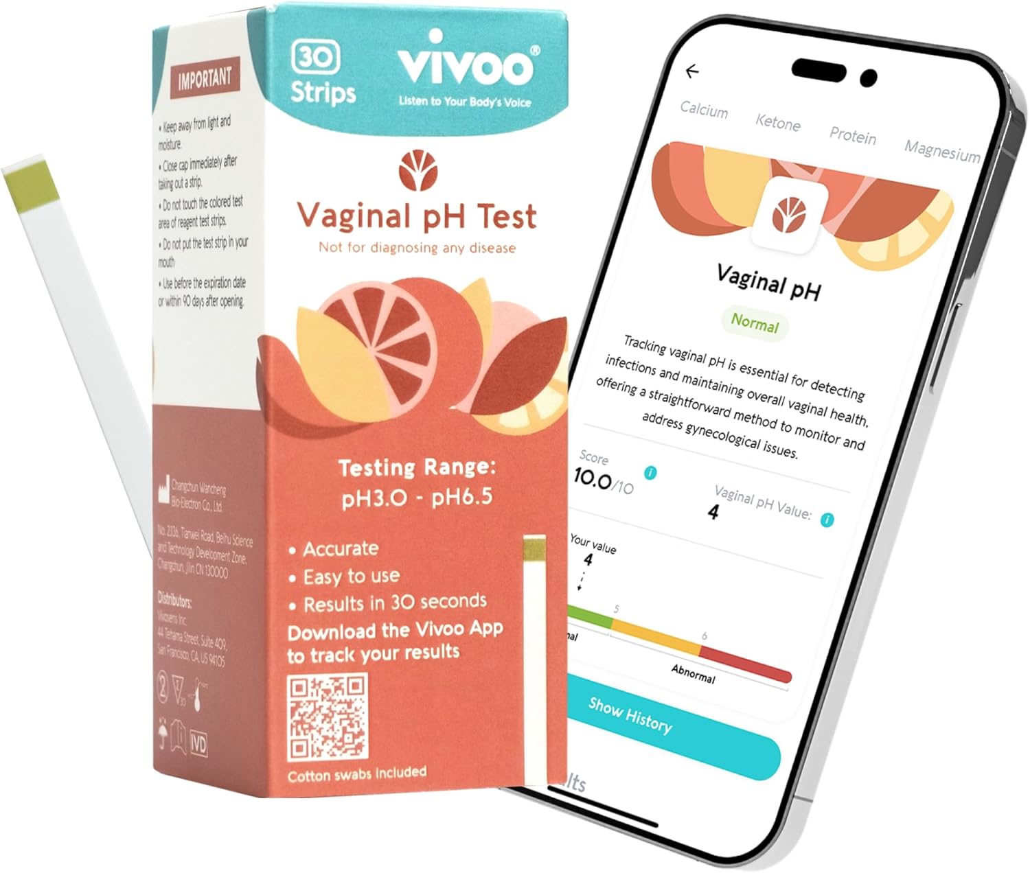 Vivoo Vaginal pH Test Kit – 30 at-Home Test Strips for Feminine pH Balance, BV & Yeast Infection Screening, 30-Second Results, Log & Track in Free Vivoo App, FSA/HSA Eligible