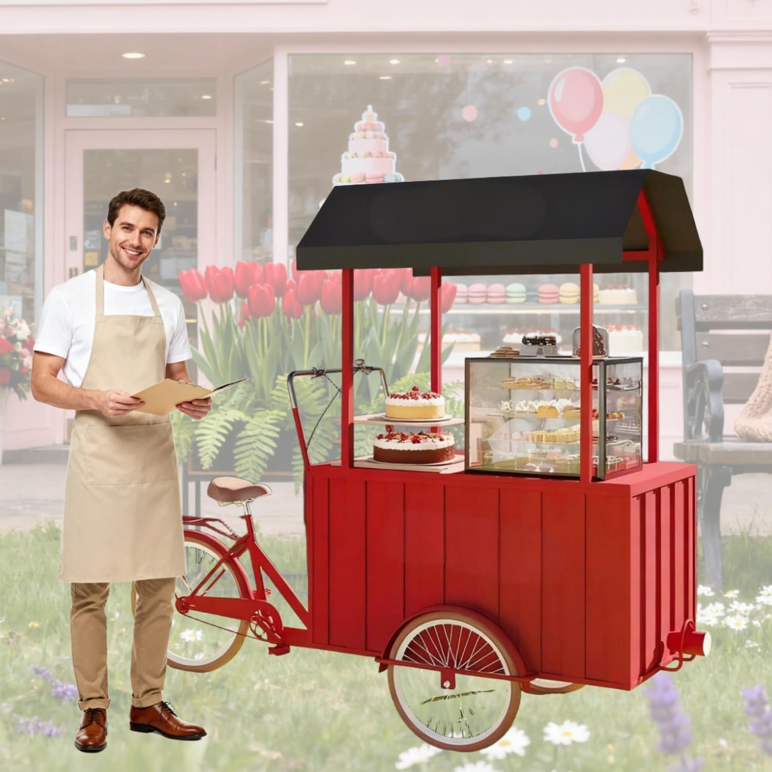 Mofgoe Commercial Mobile Food Tricycle, Large Front Loading Scooter with Canopy, Flower Display Stand with Large Storage Box, for Weddings, Fairs, Market,Red
