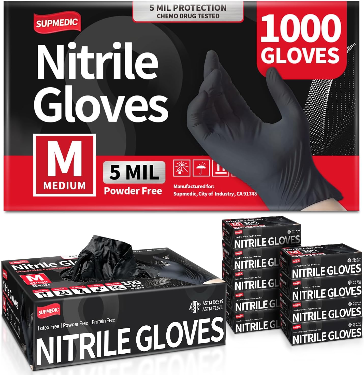 Disposable Nitrile Exam Gloves, 5Mil Chemical Resistant Powder-Free Food Safe Clean Medical Glove Black Blue 1000Pcs