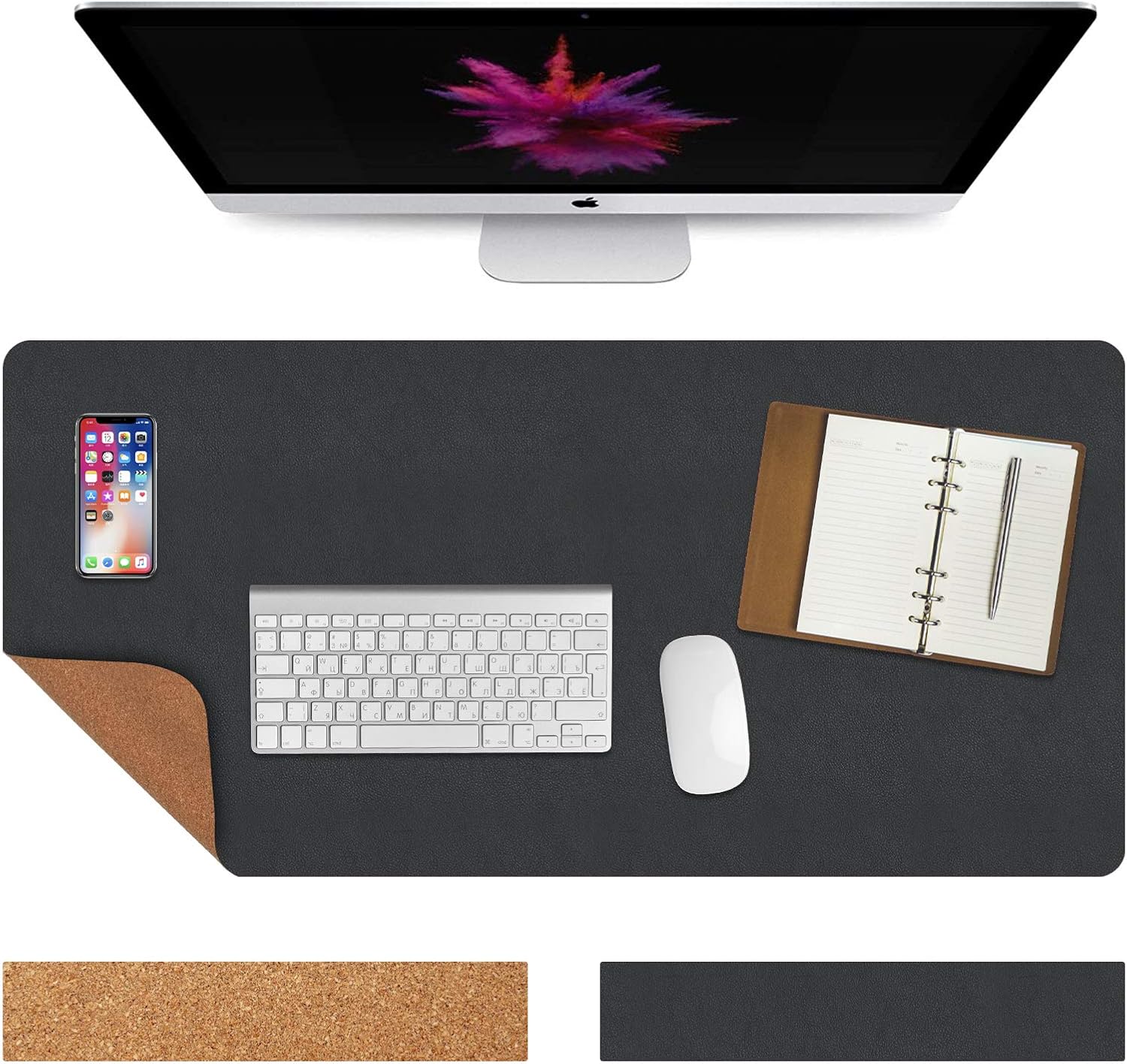Vicloon Cork Desk Mat, 90cm x 43cm Office Desk Pad PU Leather Desk Blotter Desk Writing Mat Dual-Sided Mouse Pad Protecor Laptop Desk Mat Non-Slip for Office Home(Black)