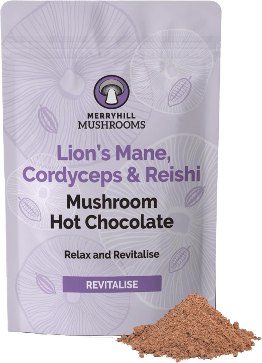 Merryhill Mushrooms - Lion's Mane, Cordyceps & Reishi Mushroom Hot Chocolate Powder Drink | Sleep, Focus, Energy | 1,000mg Mushrooms Per Serving | Vegan | No Added Sugar | 180g