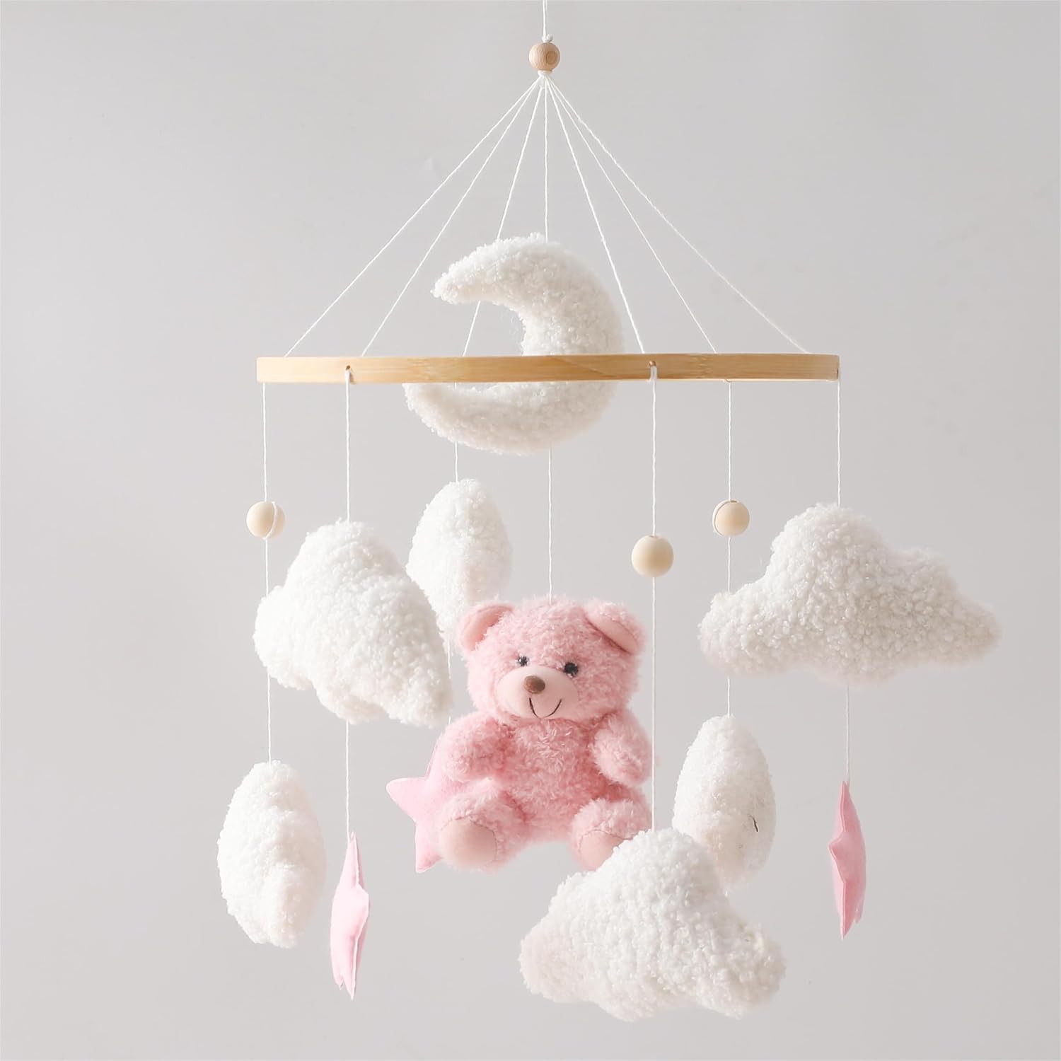 EERKEOD Baby Crib Mobile Bear Nursery Mobile for Boys Girls Teddy Velvet Mobile Nursery Decor for Infant Bedroom Hanging Baby Mobile for Bassinet Newborn Baby Gift（Pink Bear）