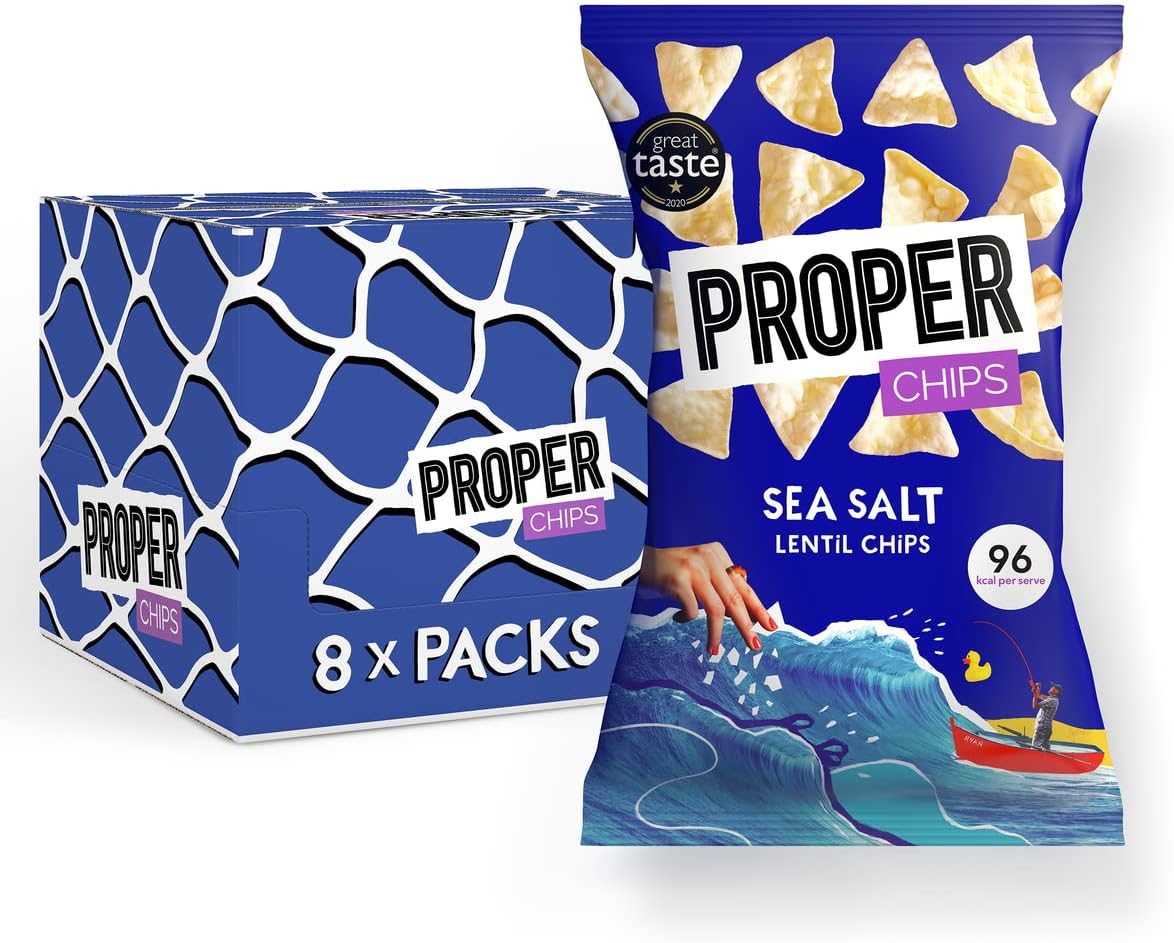 PROPERCHIPS - Sea Salt Lentil Chips, Vegan, Gluten Free Snacks, Sharing Bags 85g (8 Packs)