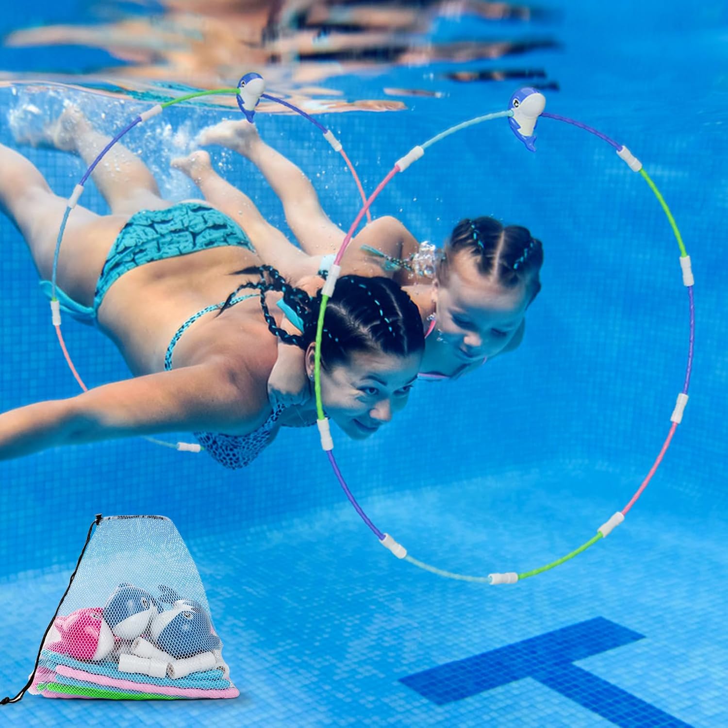 Fun Pool Diving Toys, 2 Pack Swim Through Rings Dive Toys for Pool Games Underwater Swimming Traning, Detachable Diving Rings Summer Toy with Storage Bag for Kids Boys & Girls Ages 4-12 (Mixed Color)