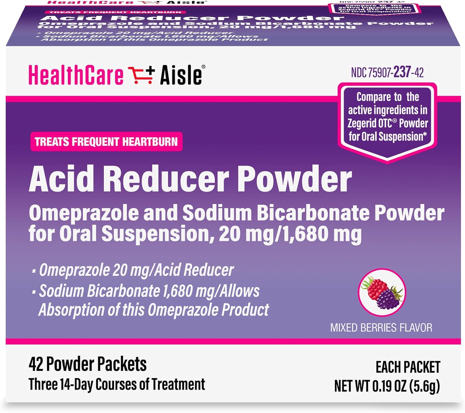 HealthCareAisle Omeprazole and Sodium Bicarbonate Powder for Oral Suspension, 20 mg/1,680 mg - 42 Packets - Acid Reducer - Effective Acid Reflux Medicine, Treats Frequent Heartburn