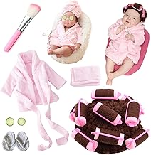 SPOKKI Newborn Photography Props 7 PCS Newborn Girl Photoshoot Outfits Babies Robe Props with Bath Towel Slippers Cucumber Curler Hat Makeup Brush for Infant Boys Girls