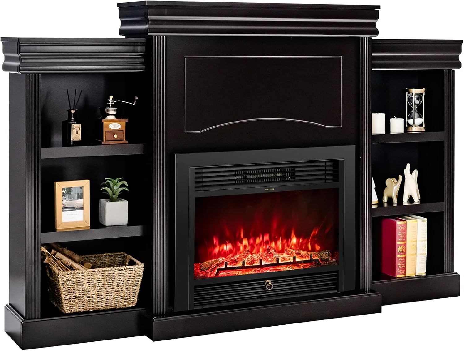 Tangkula 70" Mantel Fireplace, 750W/1500W Electric Fireplace w/Mantel & Built-in Bookshelves, 28.5-Inch Electric Fireplace w/Remote Control, 1-8H Timer, Adjustable Flame Brightness & Color (Black)