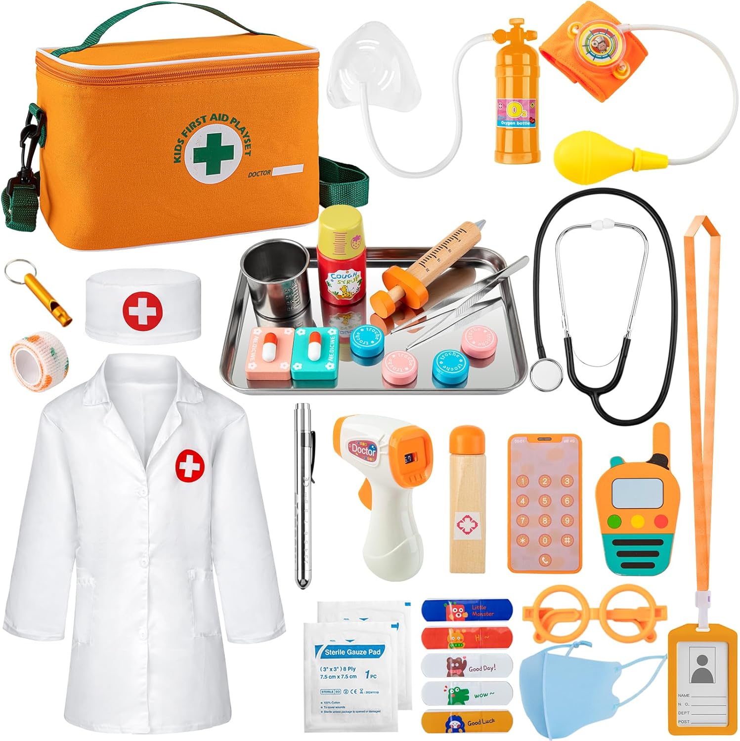EFO SHM Doctors Set for Kids, Wooden 34-piece Kids Doctors Kit, with Real Stethoscope Portable Doctors Bag and Wooden Syringe, Role Play Toys for 3 4 5 6 Year Old Girls and Boys